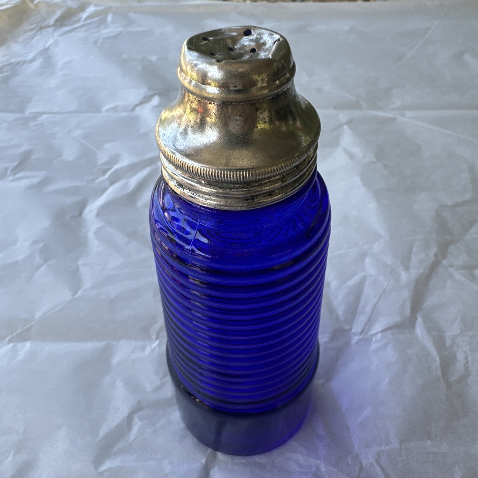 Vintage Cobalt Blue Glass Shaker Ribbed With Original Lid 5.25\