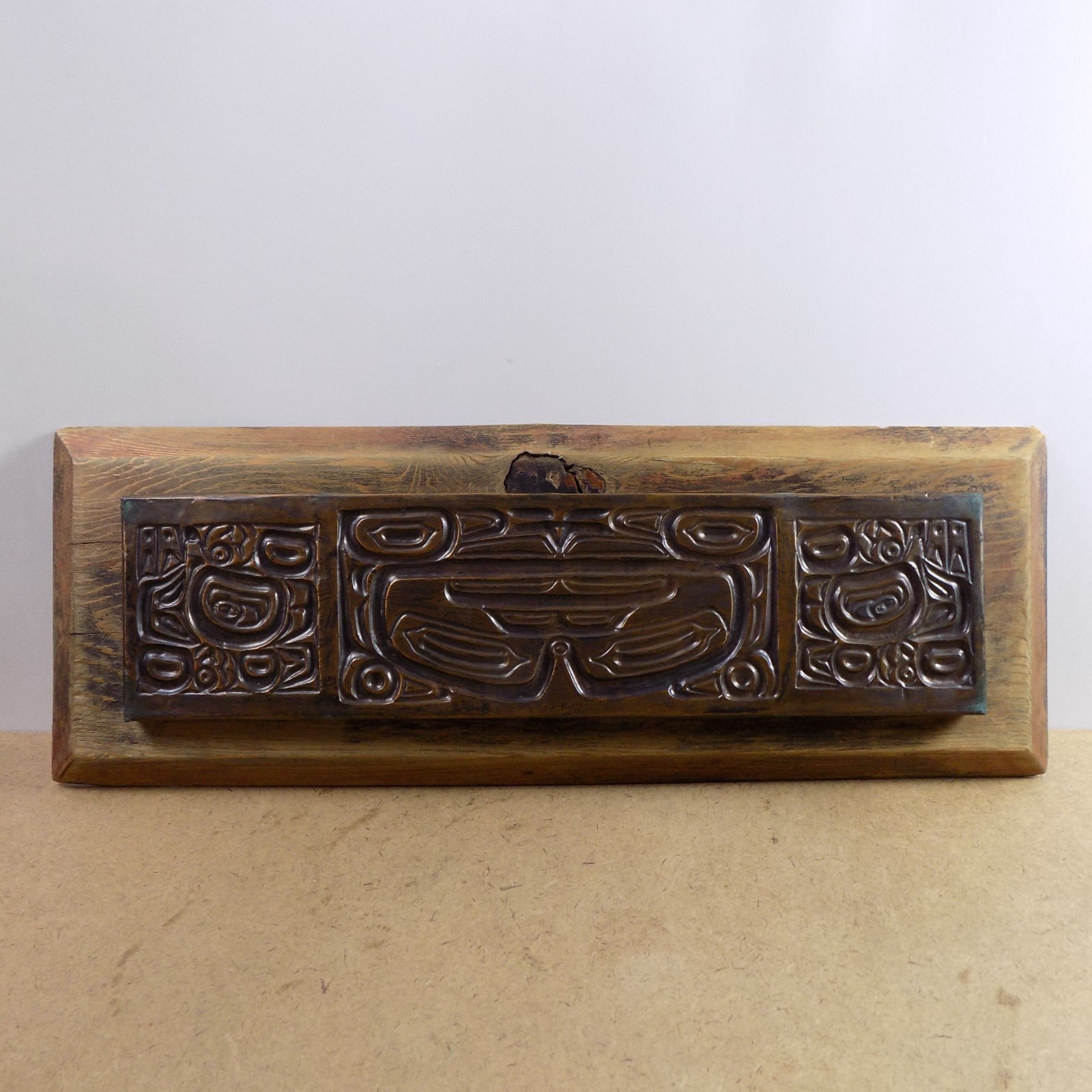 Vintage Pacific Northwest Native Art Repousse Copper & Wood 19\