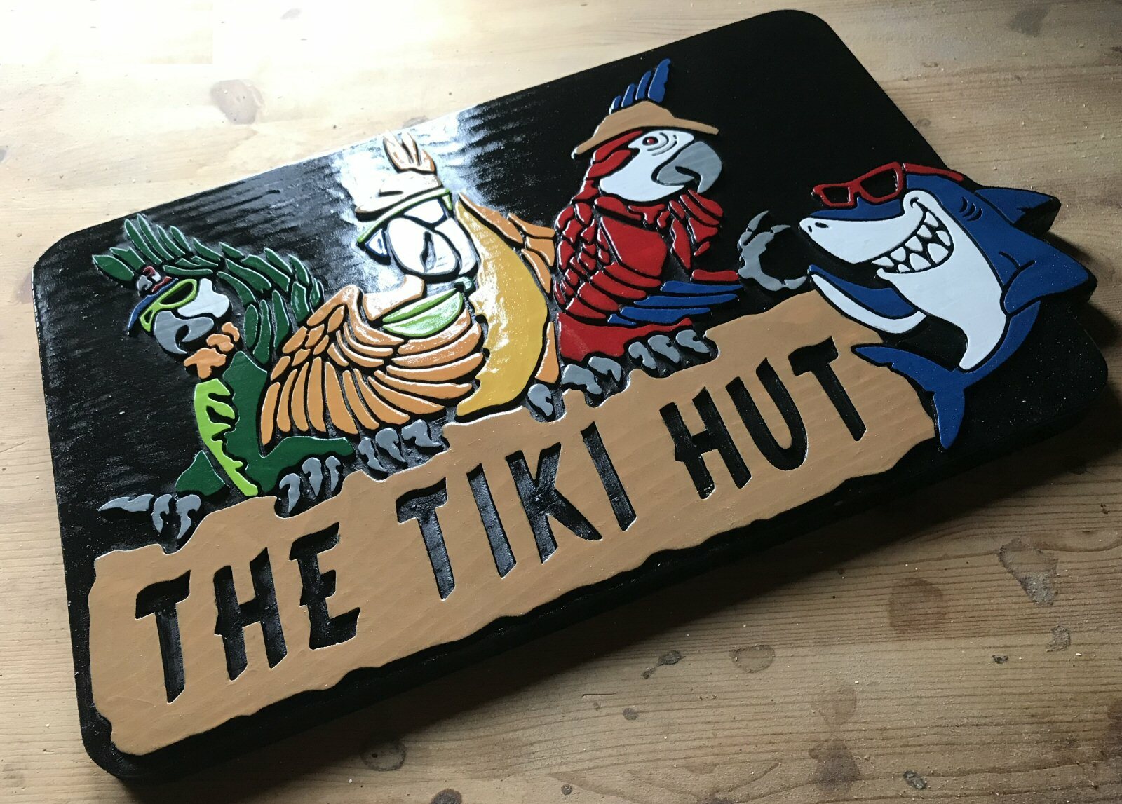 Tiki Bar Beach House Parrots Personalized 3D routed wood bar sign Custom 