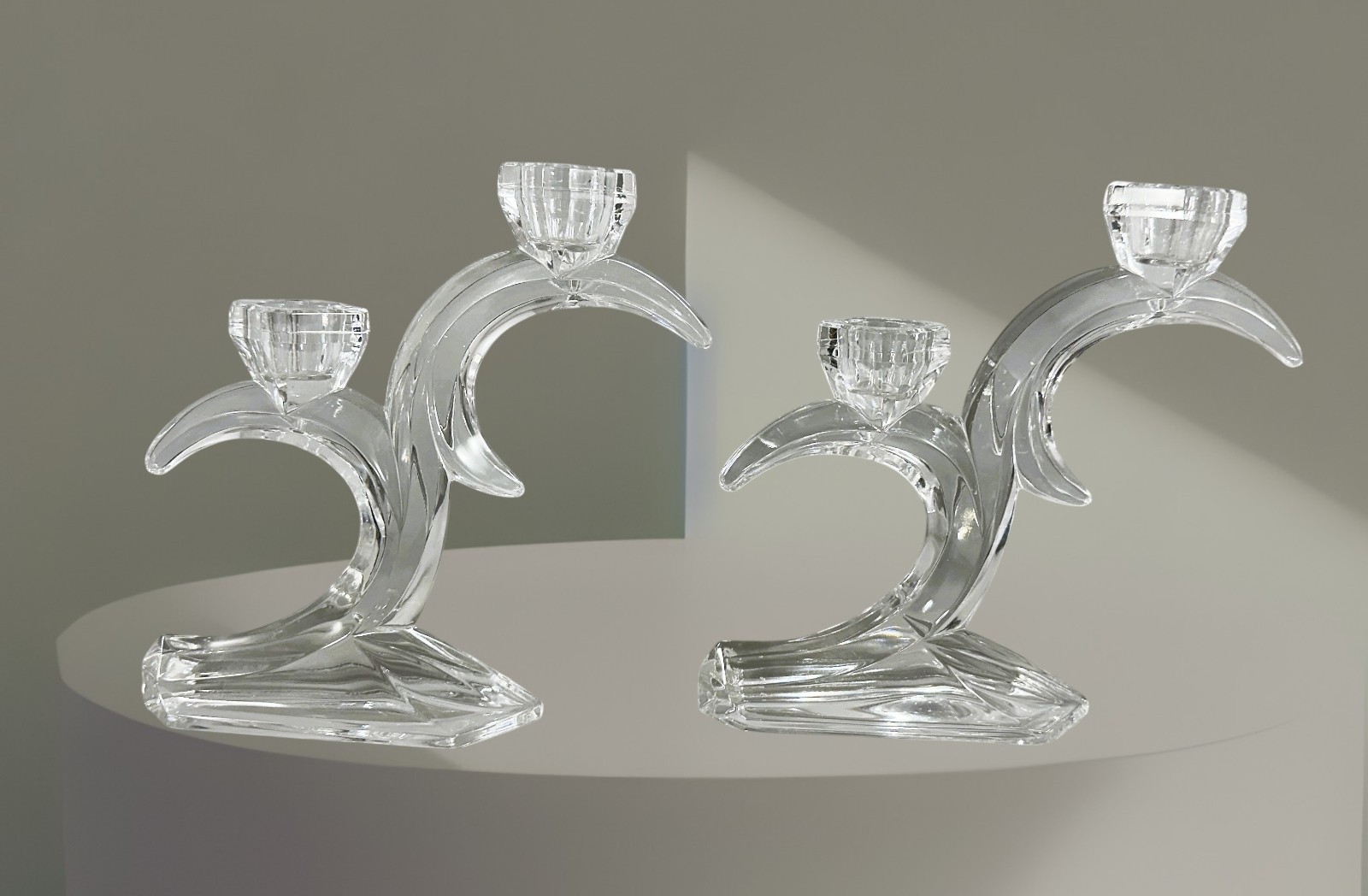 West Germany Lead Crystal Art Deco Double Candlestick Holders Bleikristall -Pair