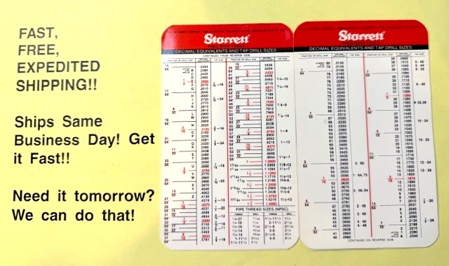 Starrett Decimal Equivalent/Tap Drill Size Chart; FREE SAME DAY USPS SHIPPING