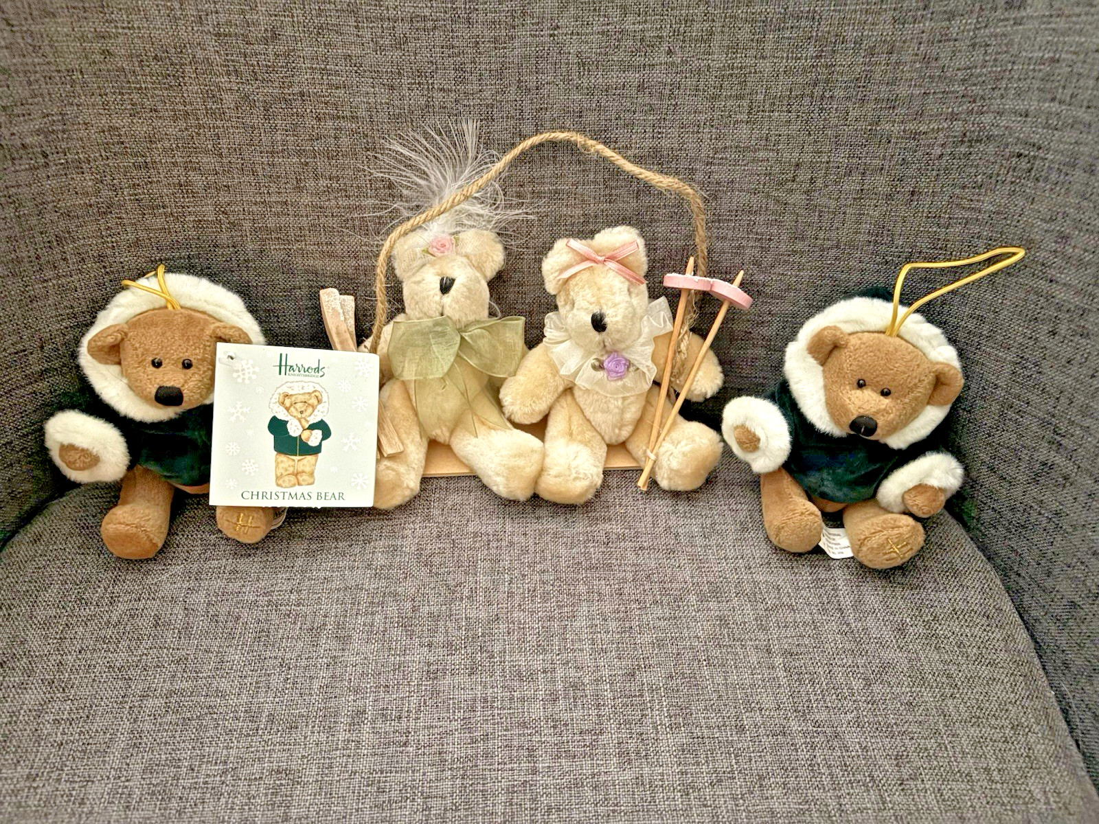 3 Christmas Bear Ornaments, 2 Harrods Vintage Christmas Bear Plush + Bear Skiers 3 Christmas Bear Ornaments, 2 Harrods Vintage Christmas Bear Plush + Bear Skiers