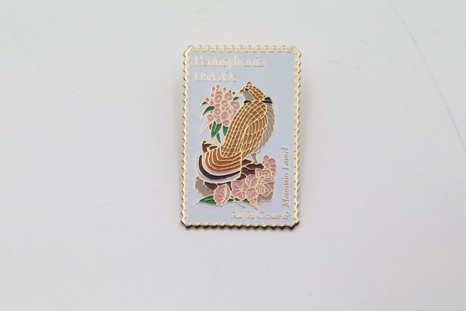 1982 Pennsylvania 20¢ Ruffed Grouse Stamp Enamel Lapel Pin USPS Mountain Laurel