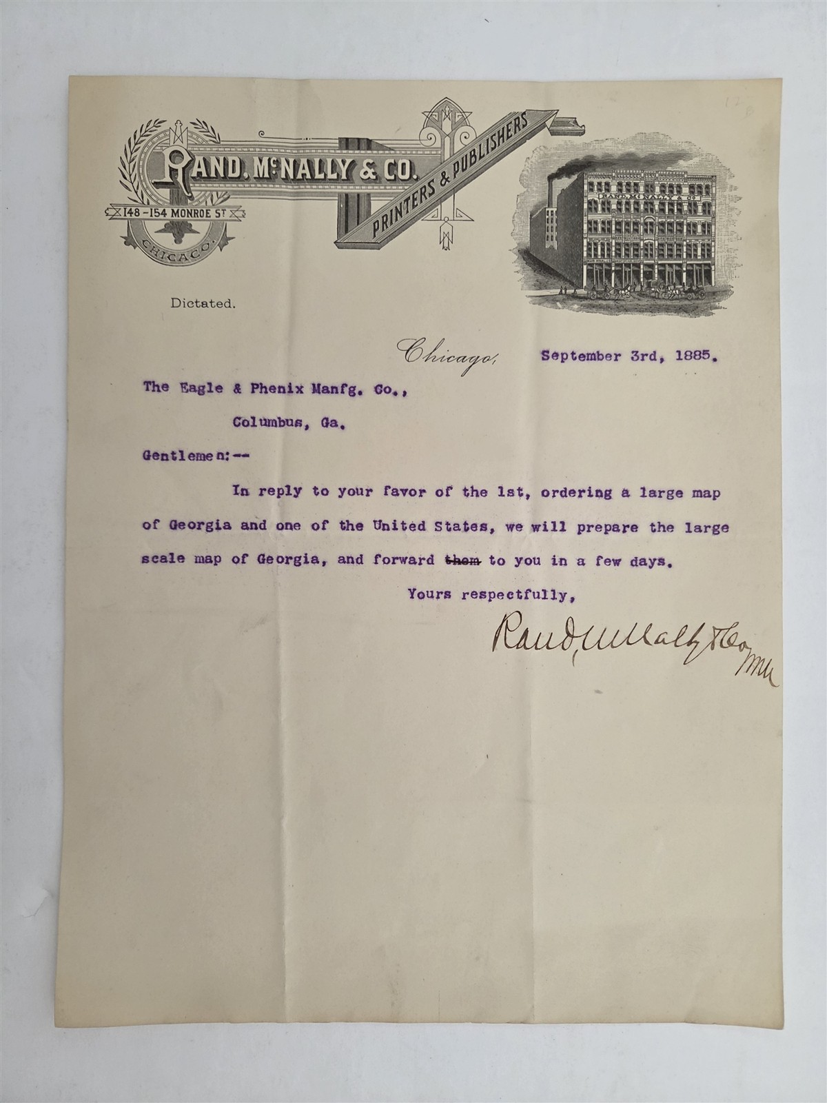 1885 antique RAND McNALLY & CO chicago il EAGLE PHENIX GEORGIA MAP LETTERHEAD