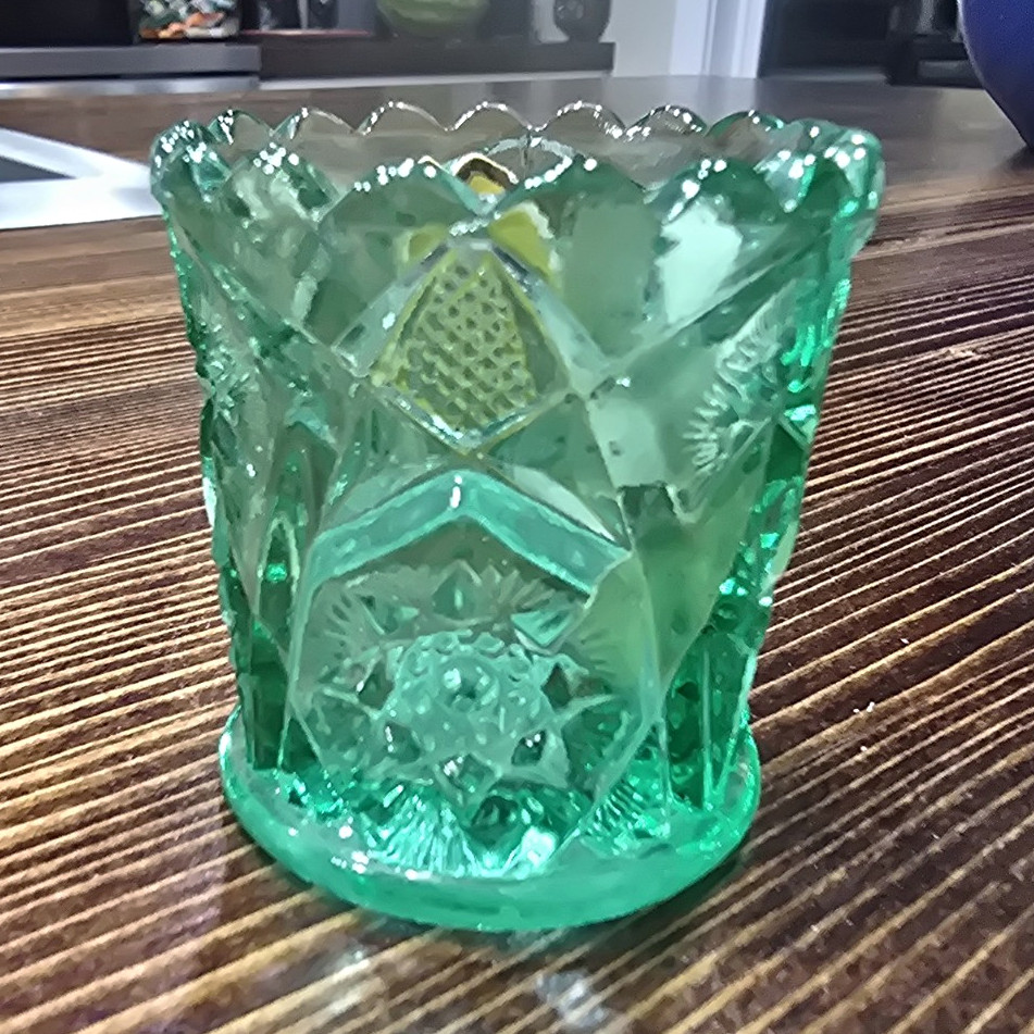 Vintage Kemple Sea Green Pressed Glass Toothpick Holder Round Scalloped Rim