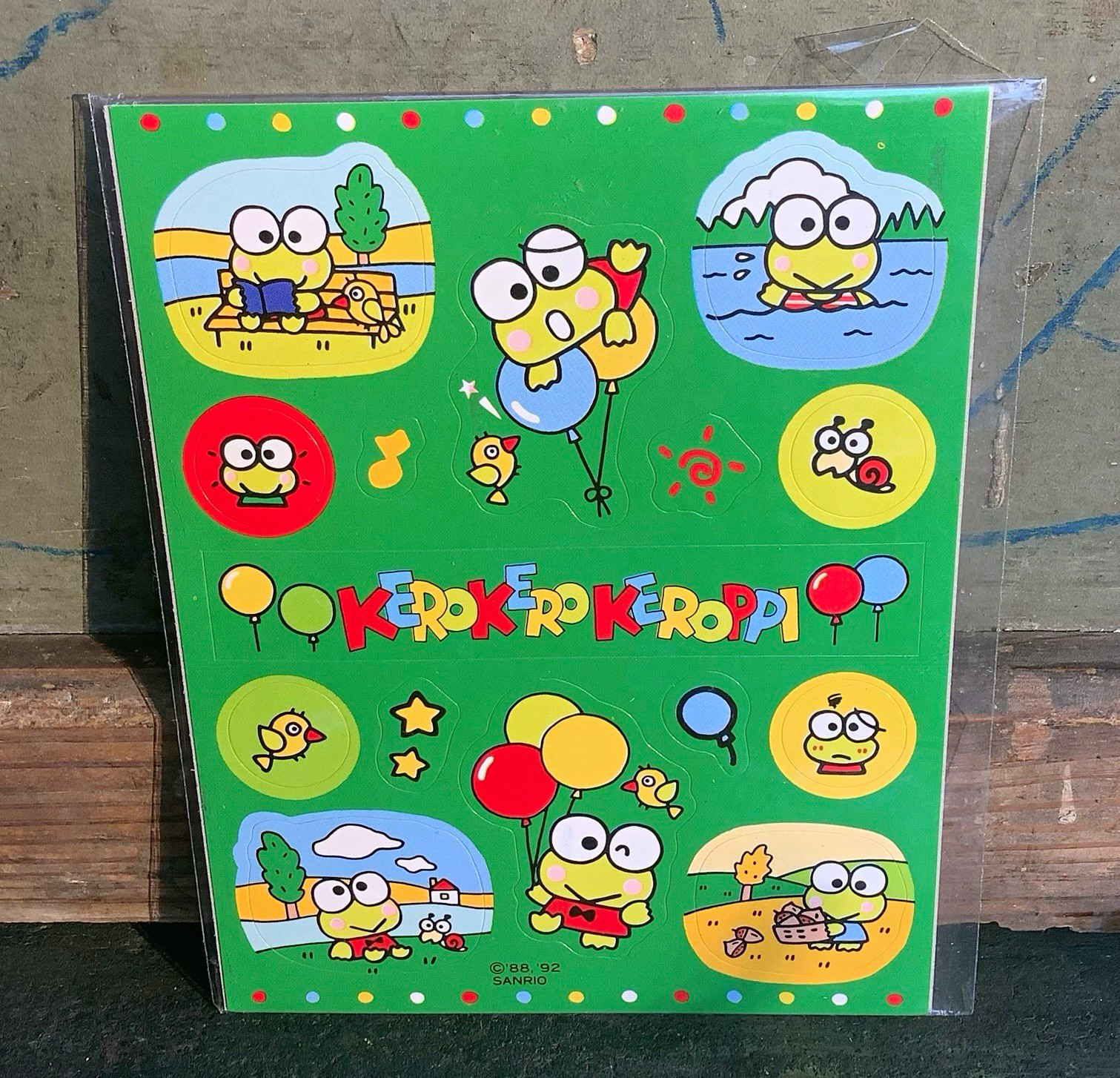 Vintage NOS ‘88 ‘92 Sanrio Kerokerokeroppi Artbloom Glossy Sticker Sheet 4x5”