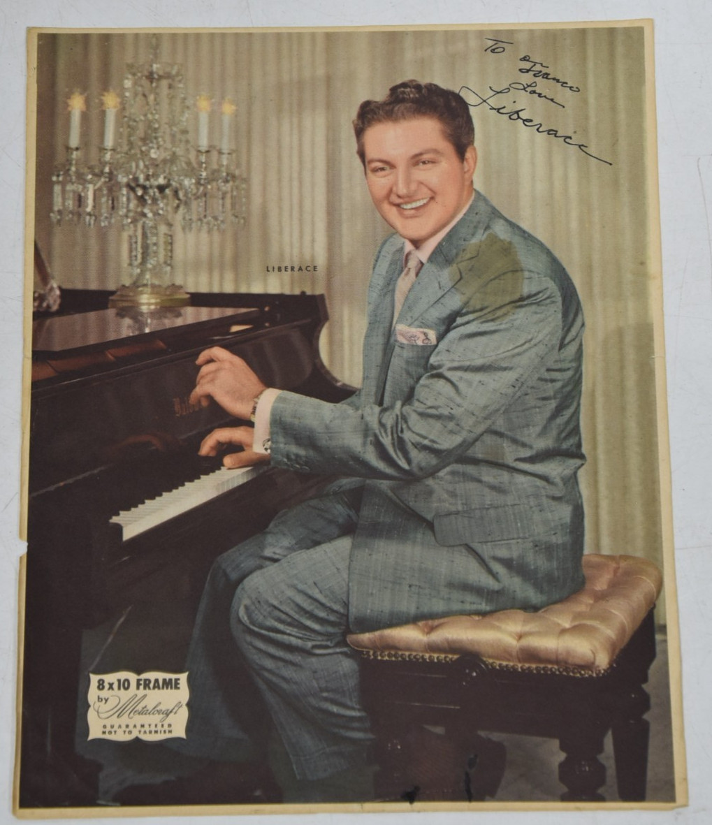 Vintage Liberace Autographed Paper Photograph Playing Piano Candelabra
