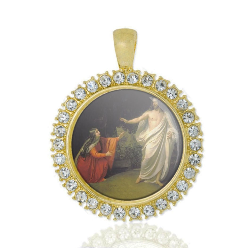 St Mary Magdalene W Jesus Christian Round Medal Gold Tone Pendant  Rhinestones