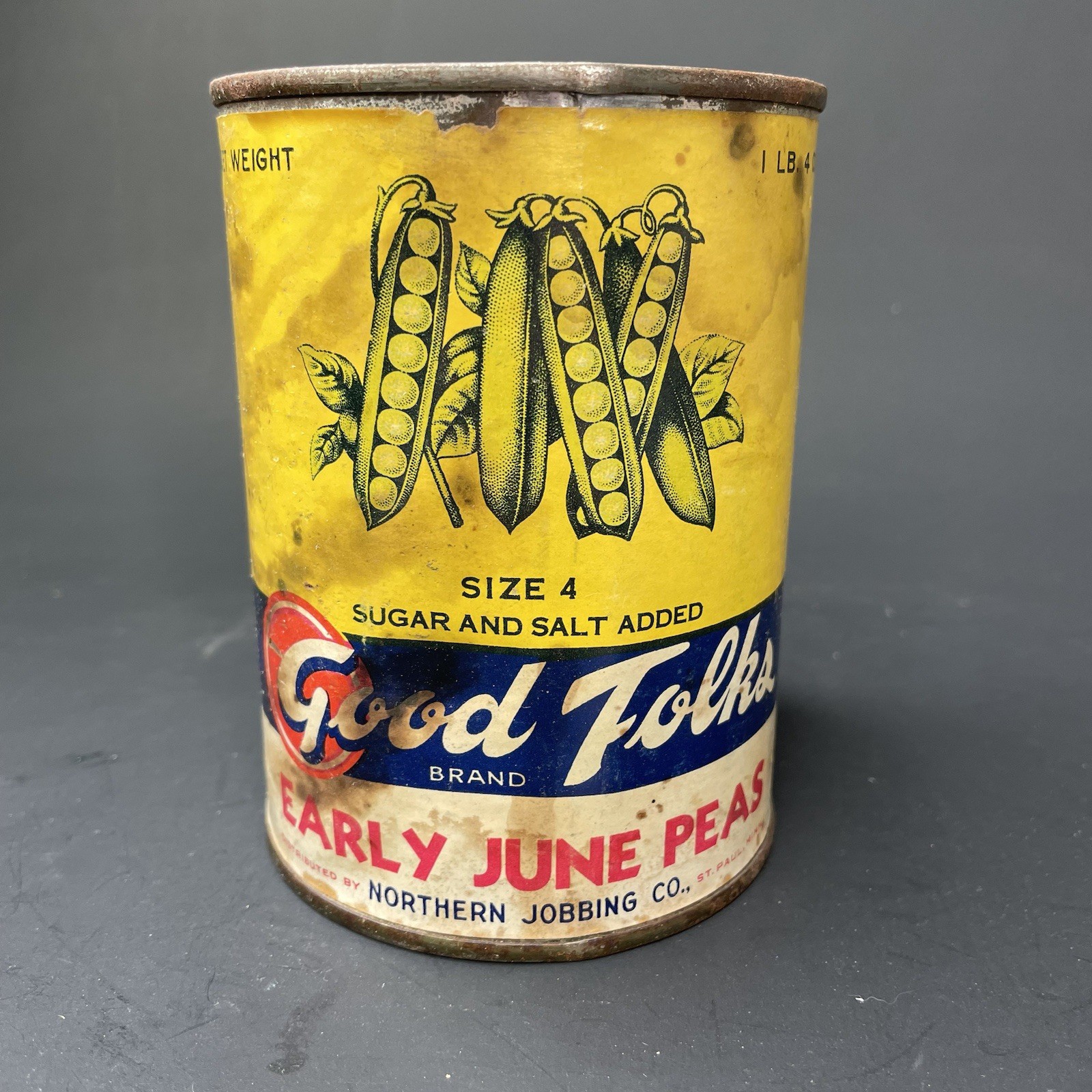 Vintage Soldered Tin Can Paper Good Folks Early June Peas Northern Jobbing Co MN