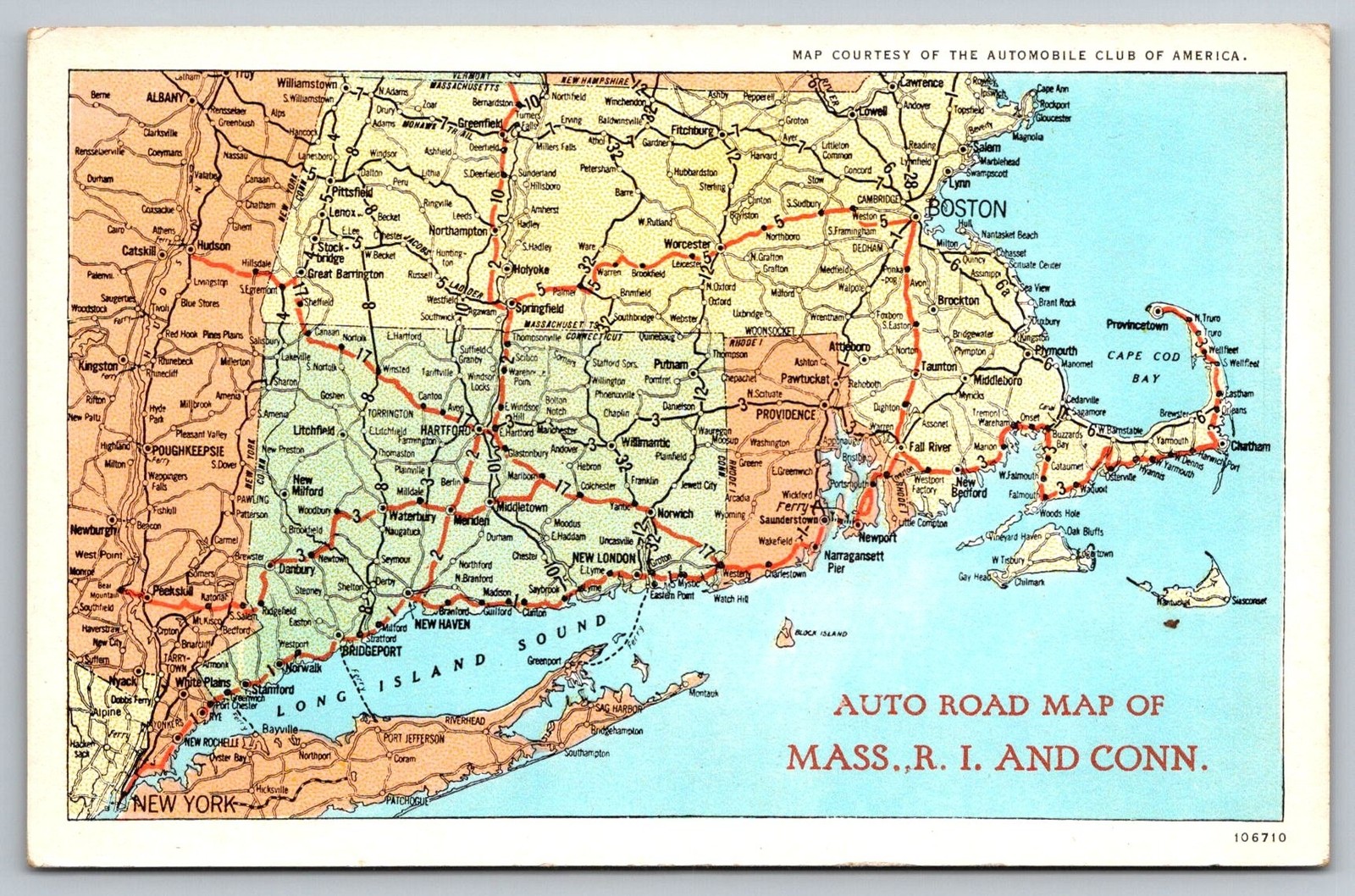 Automobile Postcard Massachusetts map Rhode Island map Connecticut map c1920s