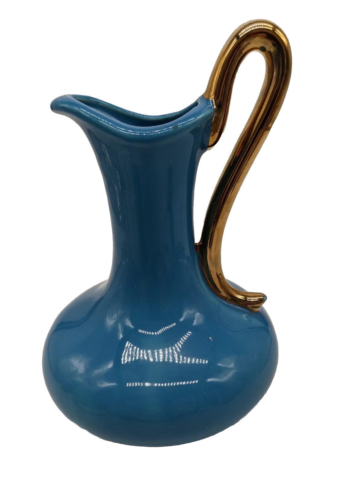 Vintage MCM Pottery Ewer Pitcher Turquoise Blue Ornate Gold Handle Vase 7.5