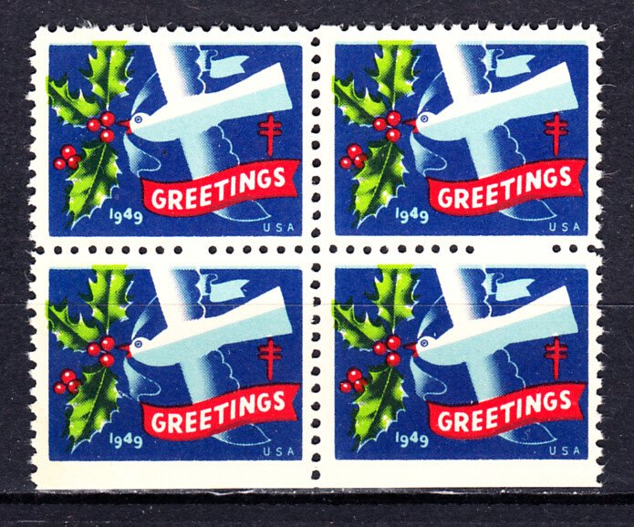 US 1949 CHRISTMAS SEALS BLOCK OF 4  EFO MISSING PERFS sc# WX146 MNH OG   H1881