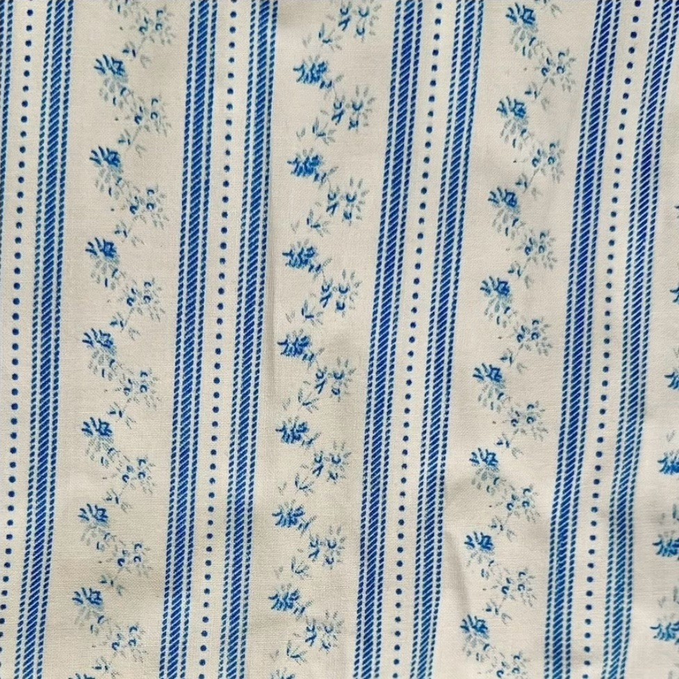 VTG Pillow Ticking Fabric Blue Stripe Floral Cotton 4 Yd NOS Bedding HTF Craft