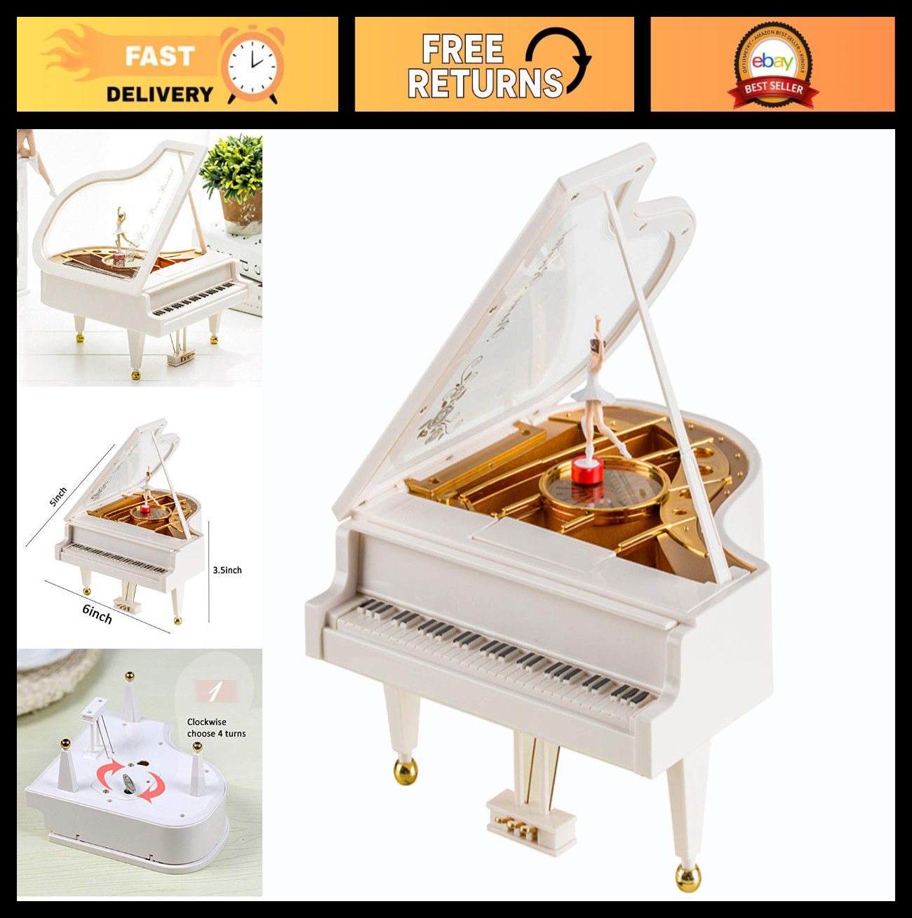 Hvogvok Ballerina Music Box，Piano Music Box for Women Girls White Valentine\'s Da