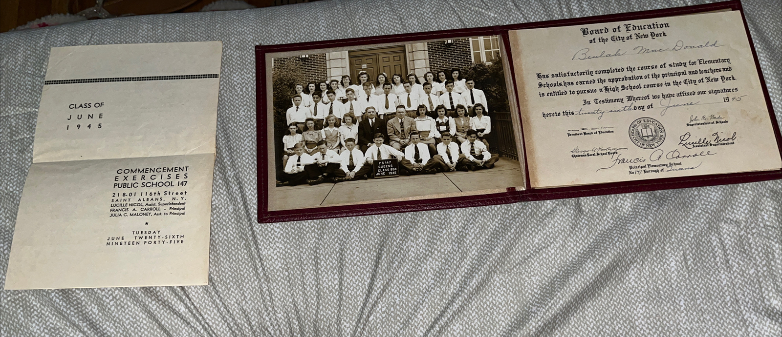 Antique 1945 Diploma From Principal Elementary School in Queens New York City