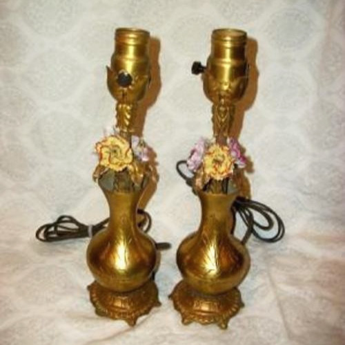 1920s French Bronze Porcelain Flowers Boudoir Lamps Ormolu Leaves Vase Antique