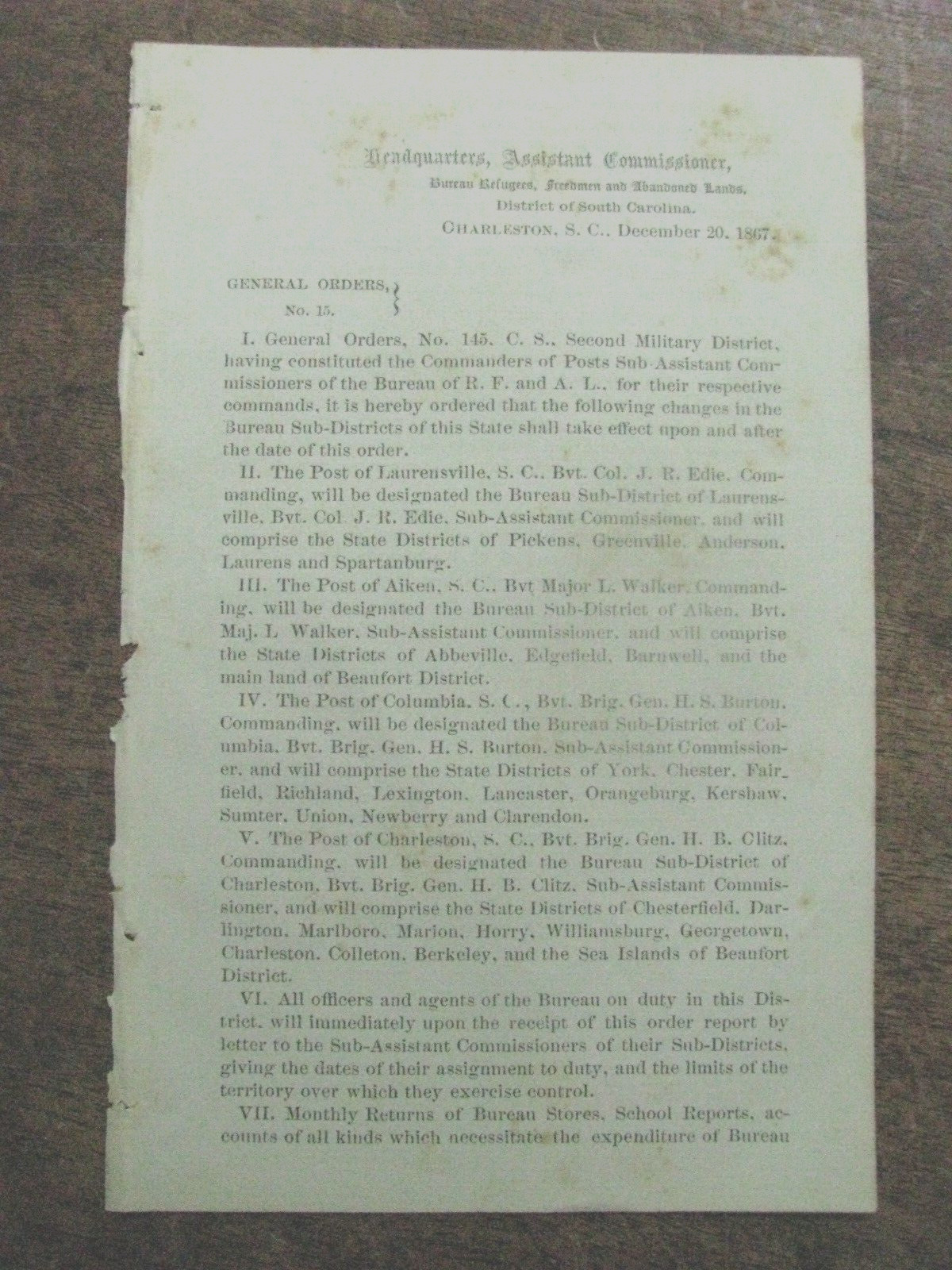CIVIL WAR RECONSTRUCTION SOUTH CAROLINA FREEDMEN BUREAU DISTRICTS  ORDER