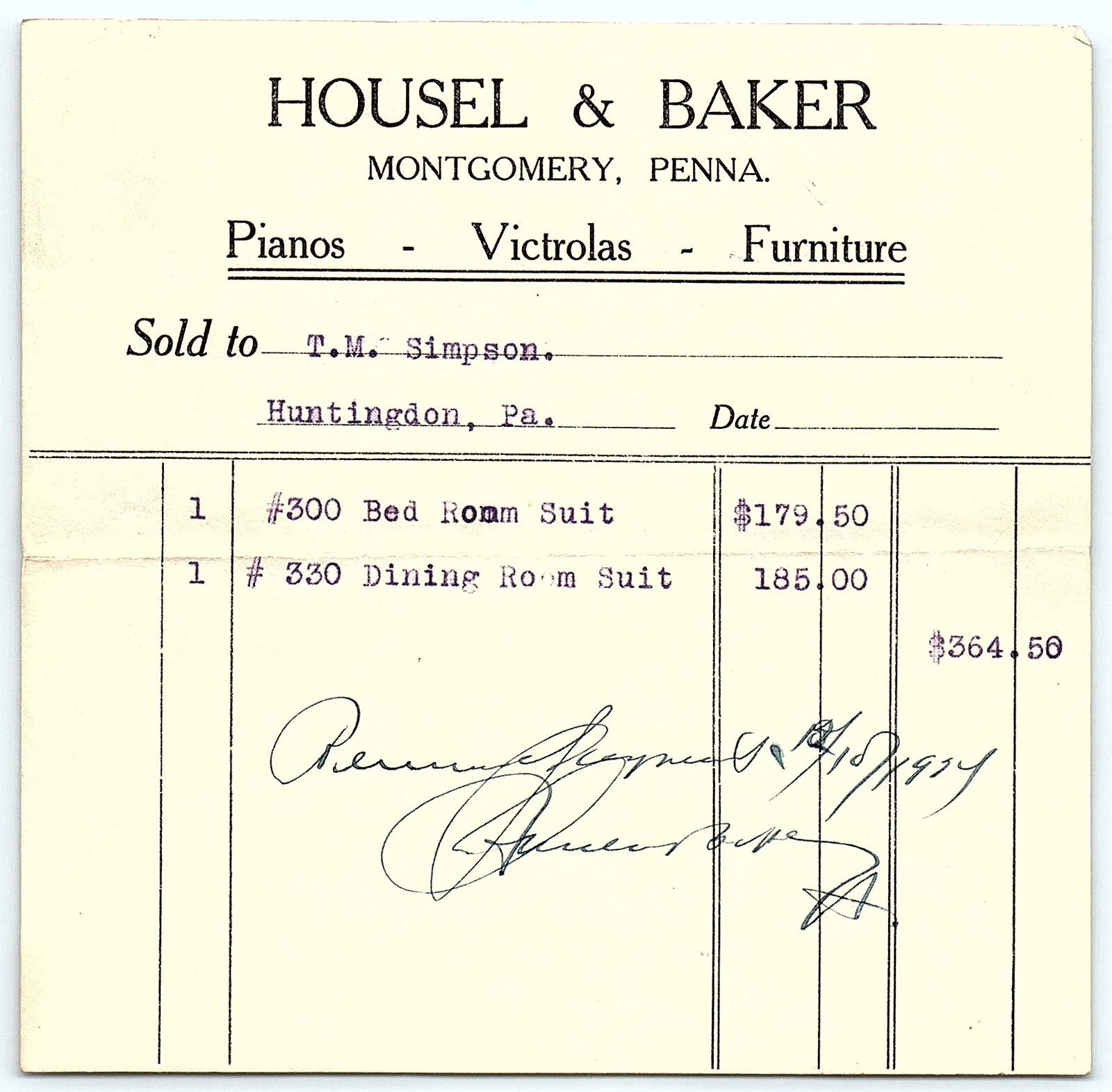 1934 Housel & Baker Furniture Billhead, Montgomery PA 1934 Housel & Baker Furniture Billhead, Montgomery PA