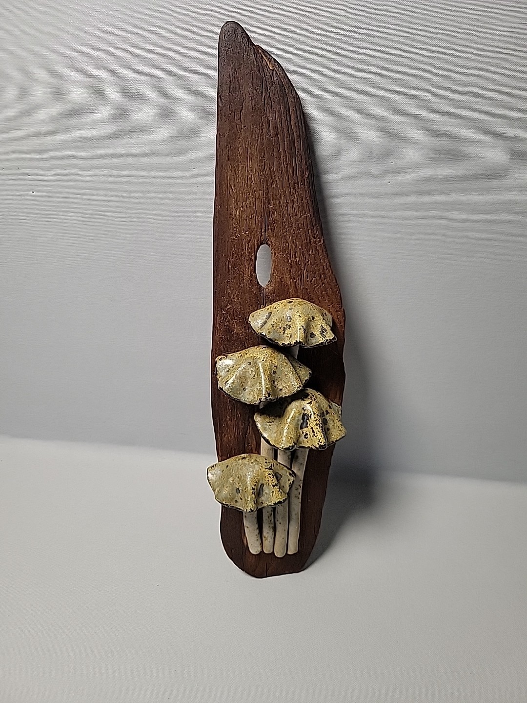 Vintage 1969s By Betty Foster Ceramic Mushrooms on Driftwood mount wall Art Nat