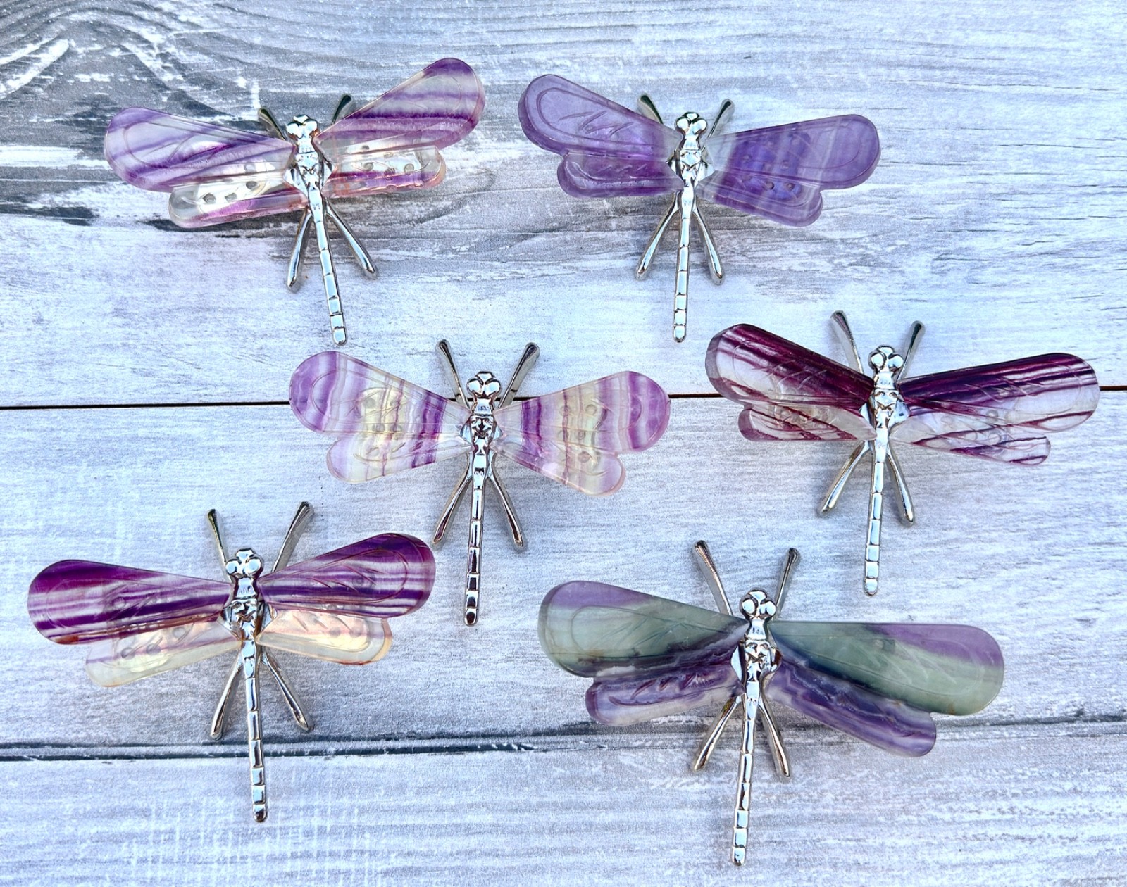 Wholesale 6 PCs Natural Fluorite Butterfly W/metal Stand Crystals Energy Healing