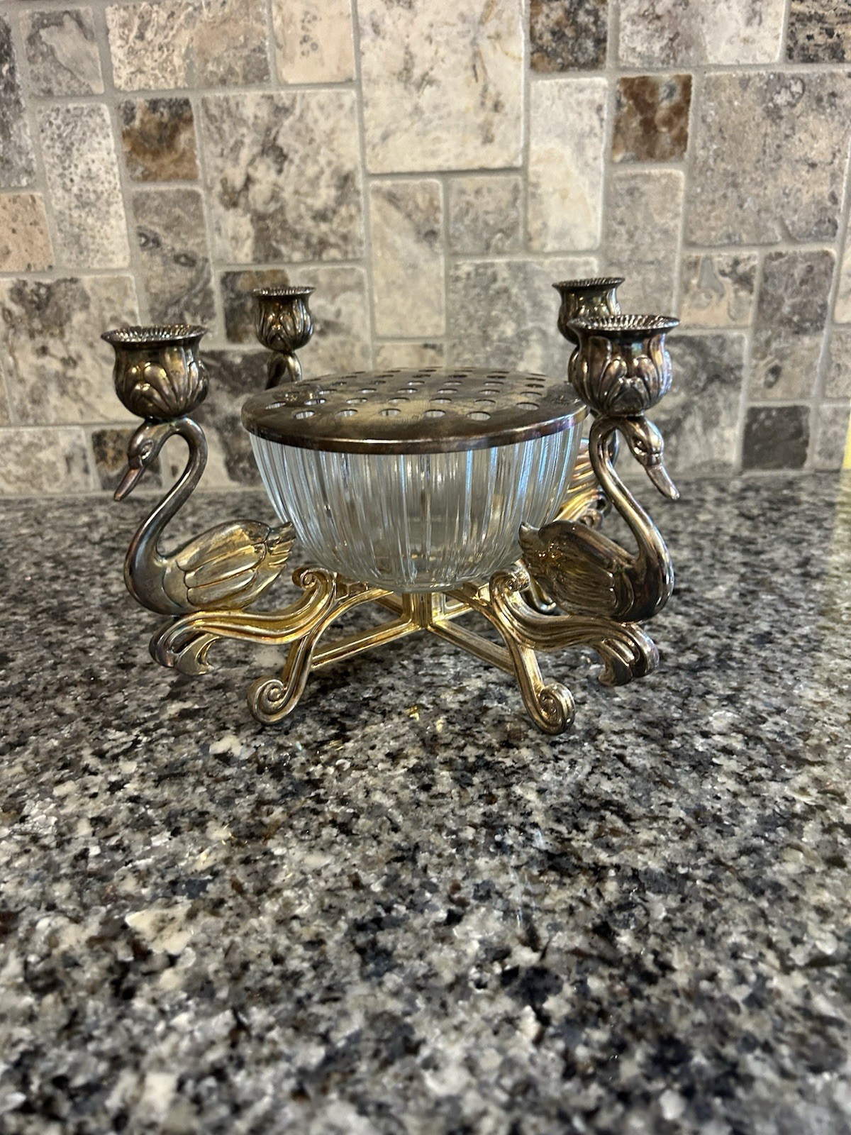 RARE VTG 1984 Silver Plated Swan Centerpiece W/Crystal Bowl & Flower Frog Lid