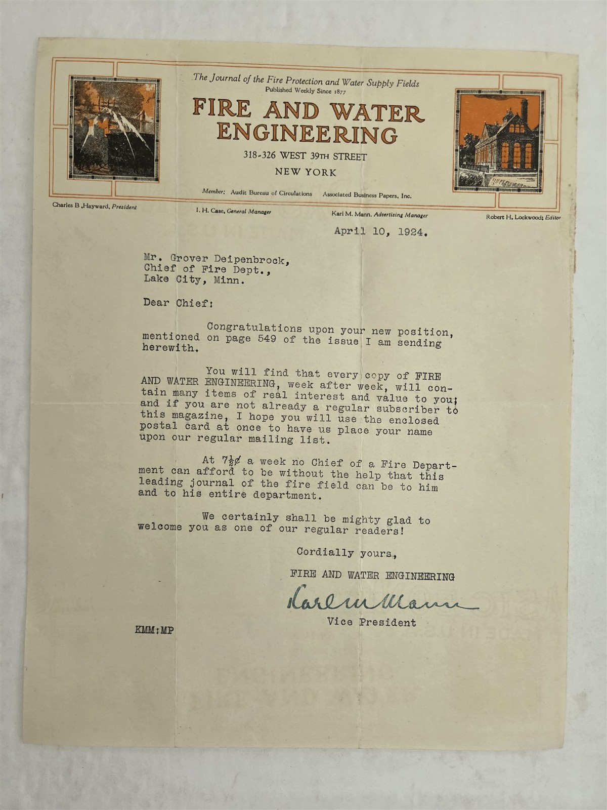 1924 antique FIRE DEPARTMENT lake city mn GROVER DIEPENBROCK ENGINEERING LETTER