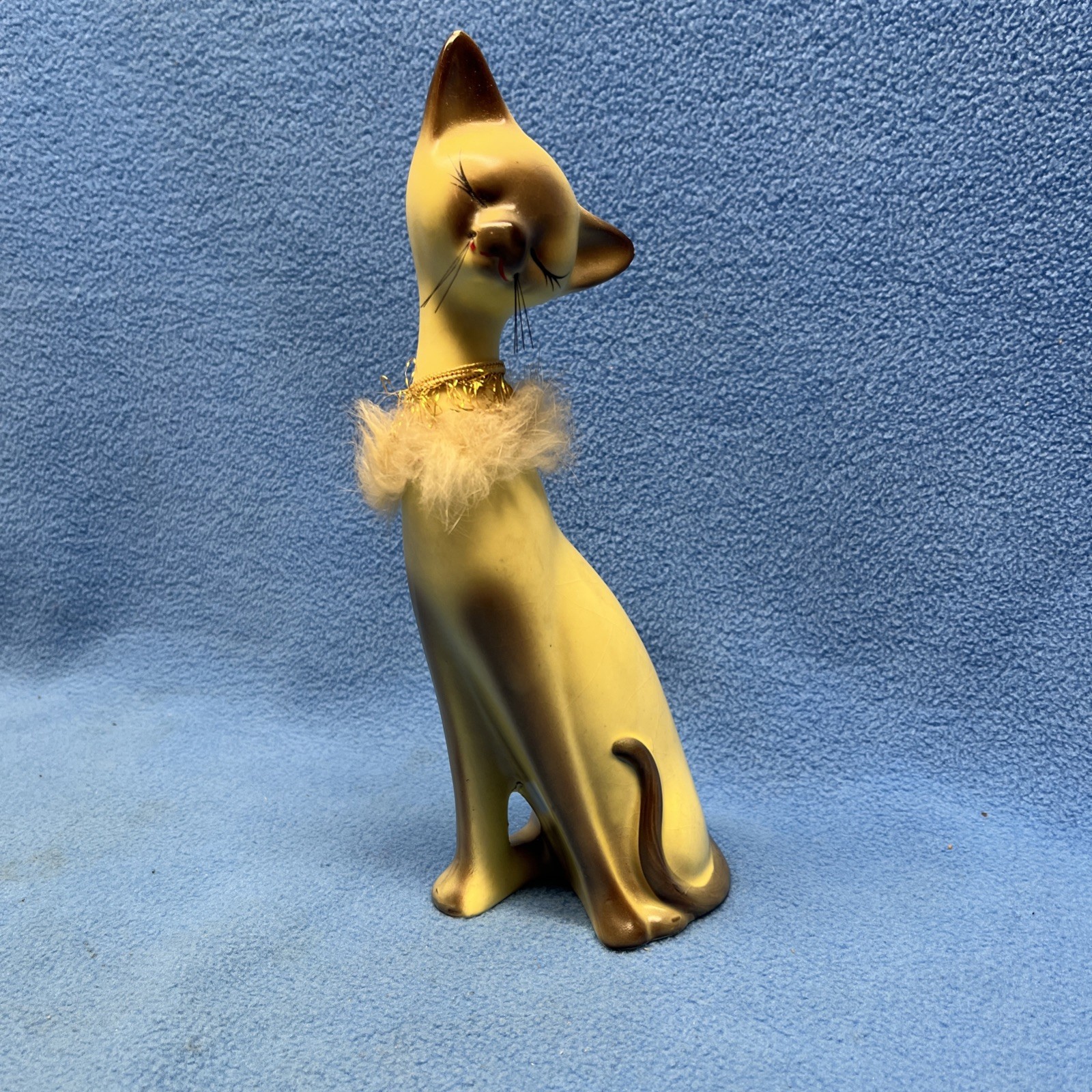 VTG Siamese Cat Figurine Brown MCM Ceramic Kitty Whiskers Collar Japan