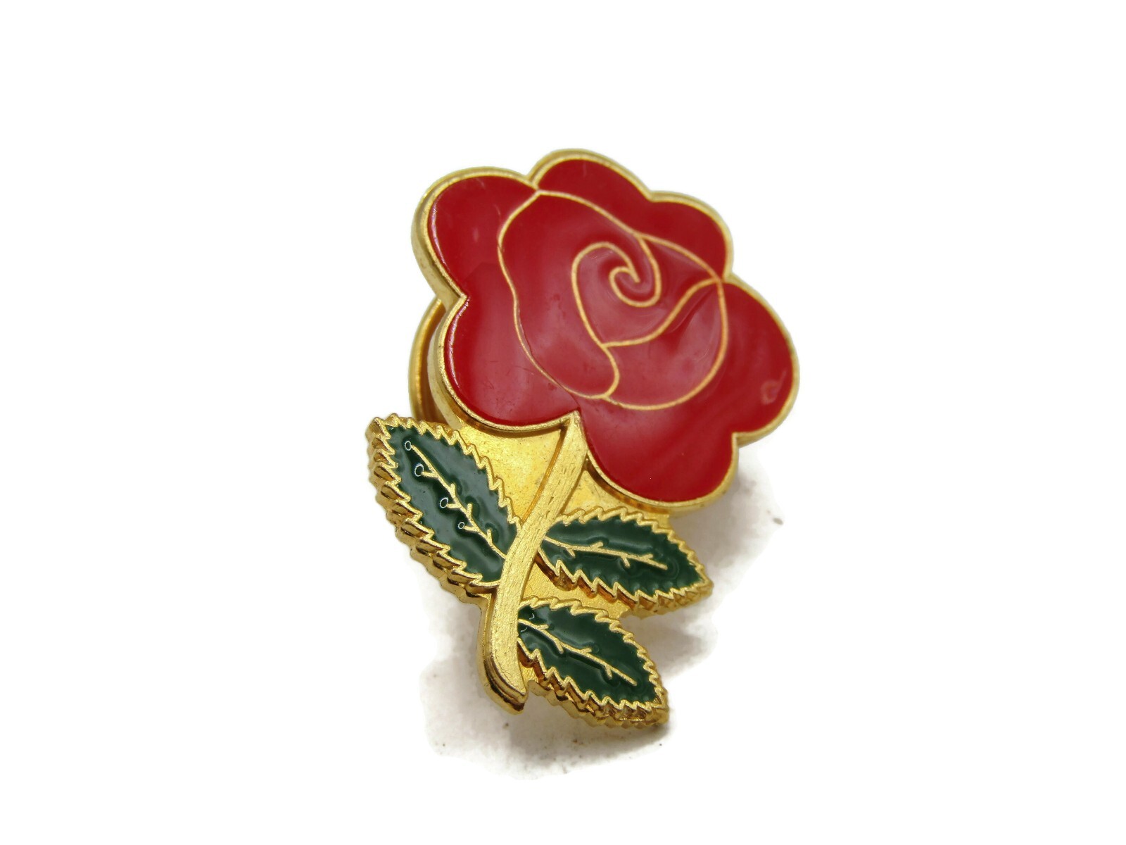 Vintage Red Rose Flower Lapel Pin Brooch Gold Tone Green Leaf Enamel Jewelry
