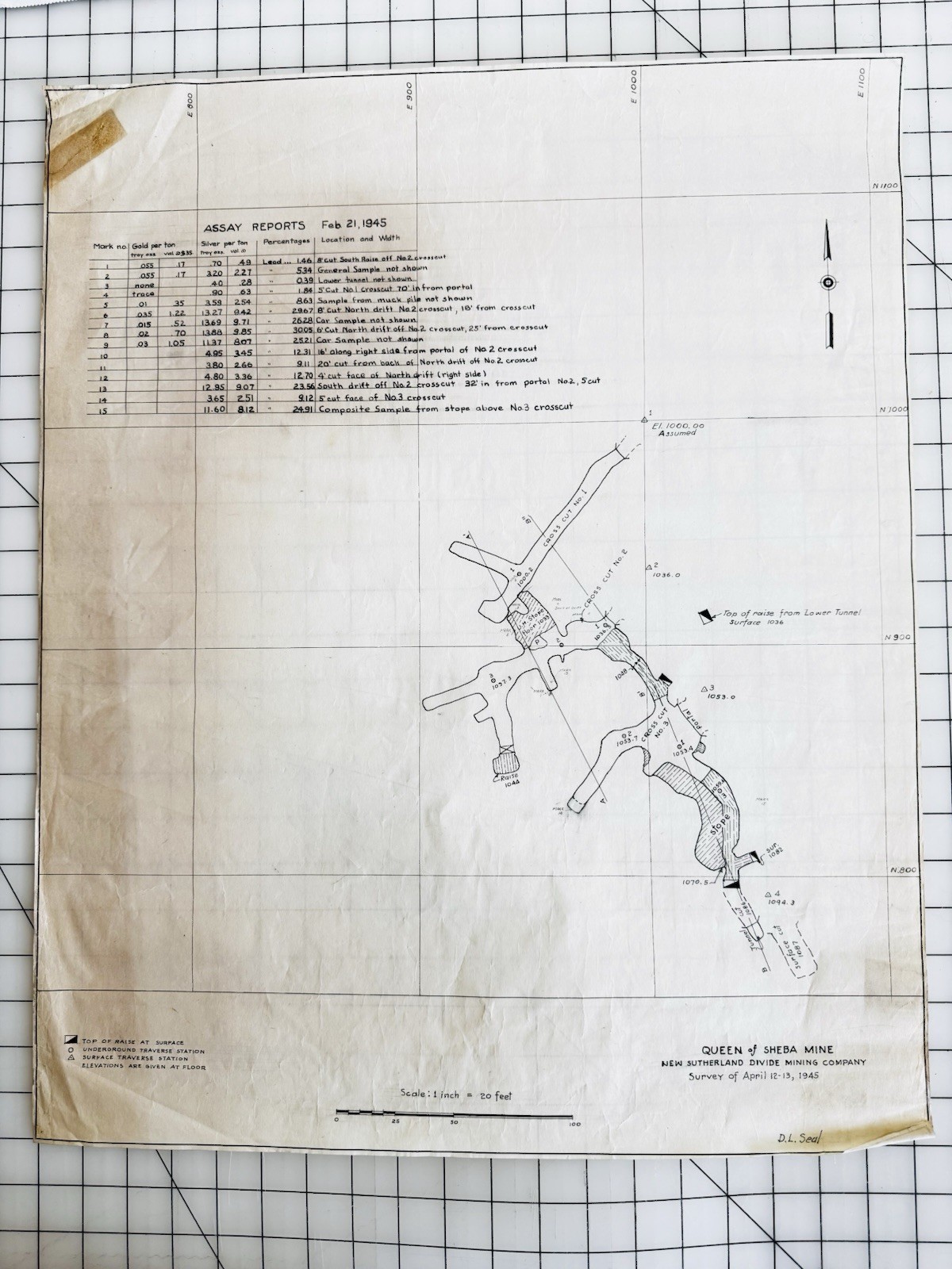 1945 Queen of Sheba Mine Map Death Valley CA Survey Signed by Engineer D L Seal 1945 Queen of Sheba Mine Map Death Valley CA Survey Signed by Engineer D L Seal