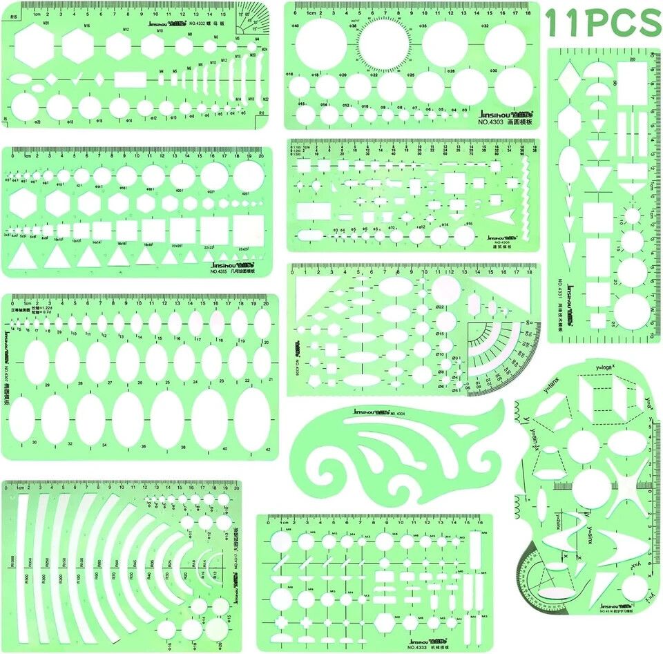 11PCS Geometric Drawings Templates, Drafting Stencils Measuring Tools,... 
