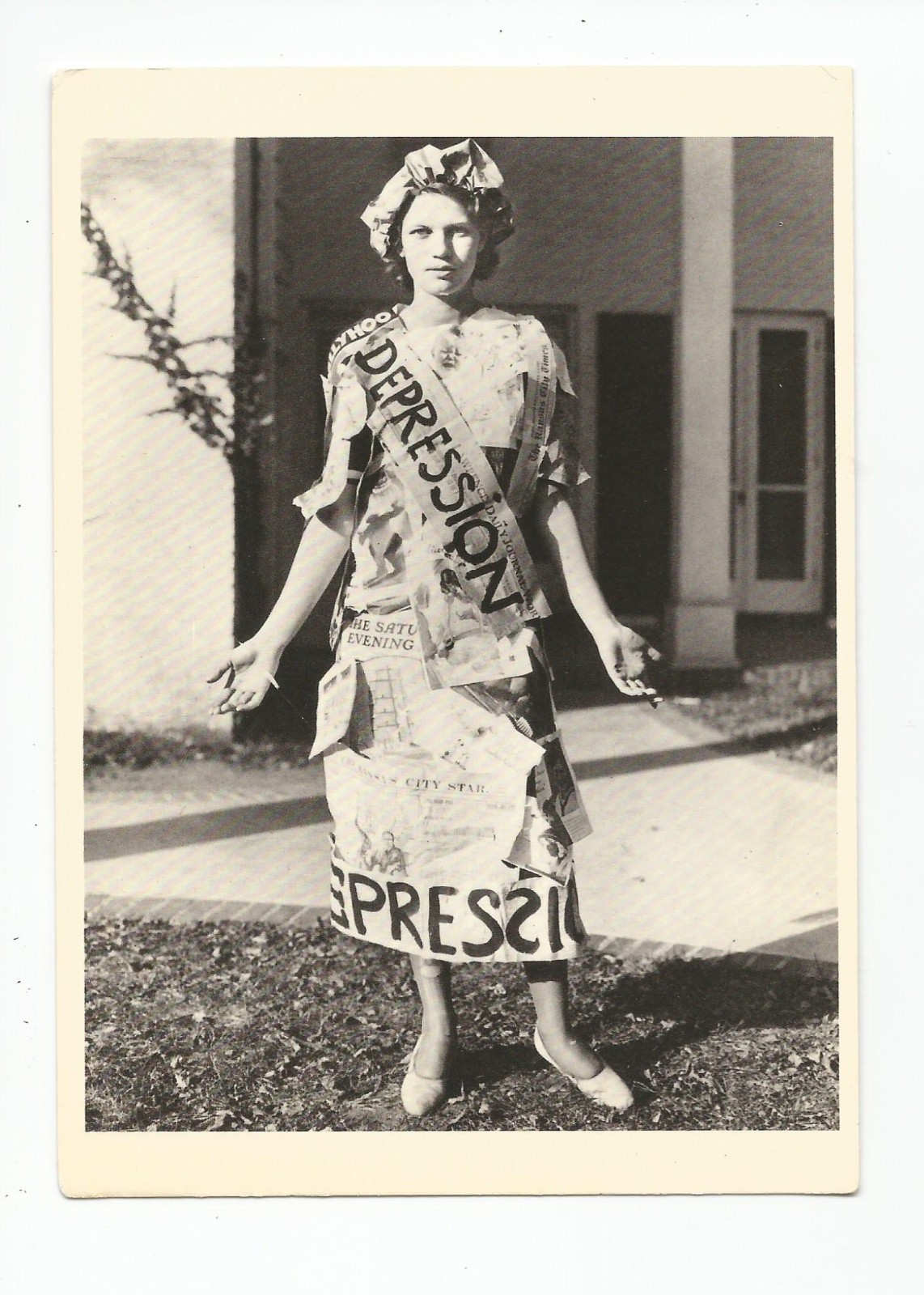 Postcard: Miss Depression, Lawrence Kansas; reprint from 1931 photo; paper dress Postcard: Miss Depression, Lawrence Kansas; reprint from 1931 photo; paper dress
