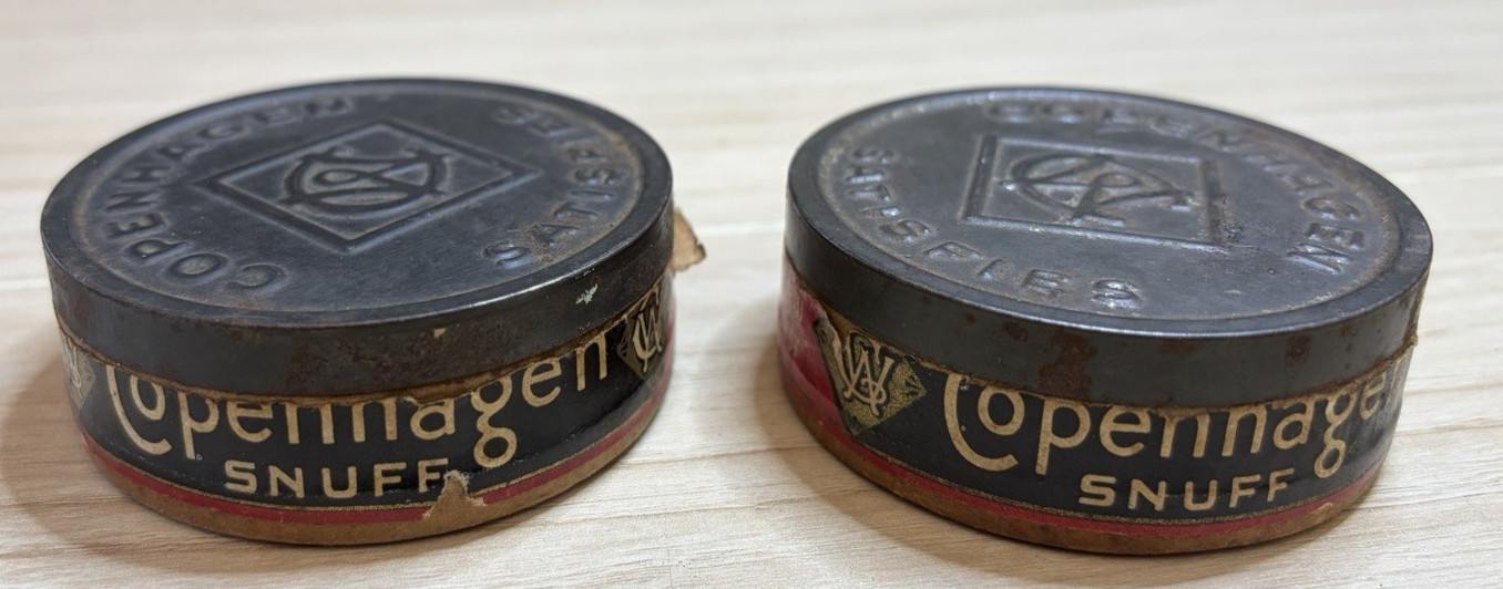 PAIR ANTIQUE VINTAGE EMPTY COPENHAGEN SNUFF CHEW CONTAINER FARMER ESTATE