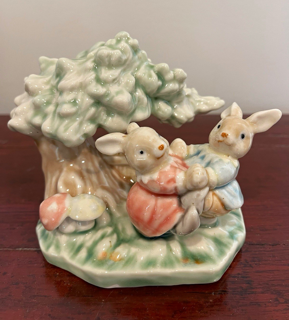 Vintage Ceramic Glazed Glossy Multicolor Rabbit Figurine Under Tree Fence Base