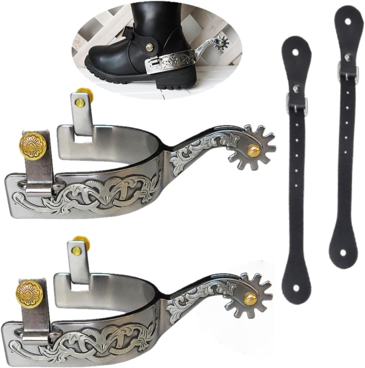 Western Cowboy Stainless Spurs, Paired with Cowhide Holes Spurs Belt, Spurs Germ Western Cowboy Stainless Spurs, Paired with Cowhide Holes Spurs Belt, Spurs Germ