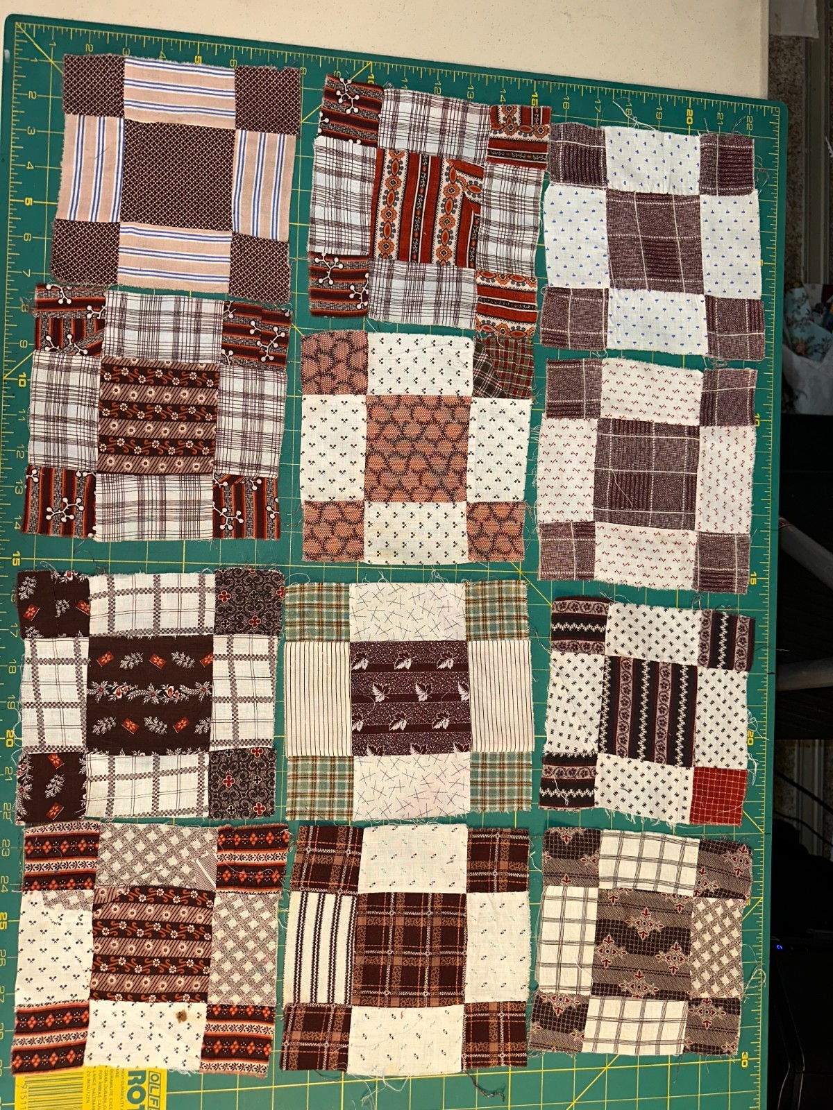 Antique Quilt Blocks - c1880s - Elongated Nine Patch - Madder Prints