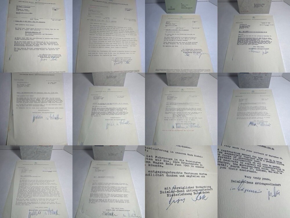 1960-61 MERCEDES-BENZ, DAIMLER-BENZ Signed Letters LOT of 10 w/Envelopes - RARE