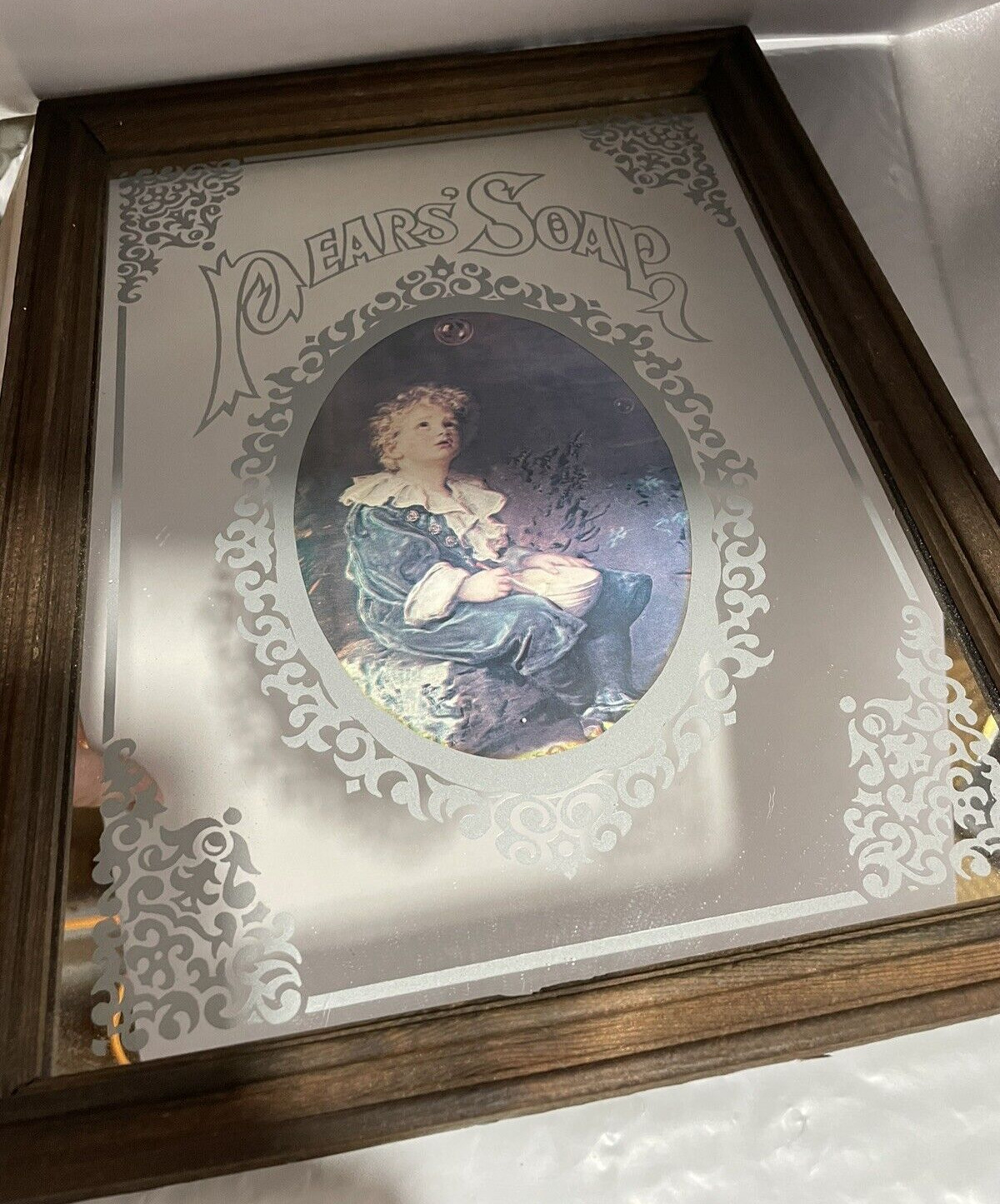 Vintage Pear\'s Soap Advertising Mirror Little Girl with Wood Frame 13-1/2\