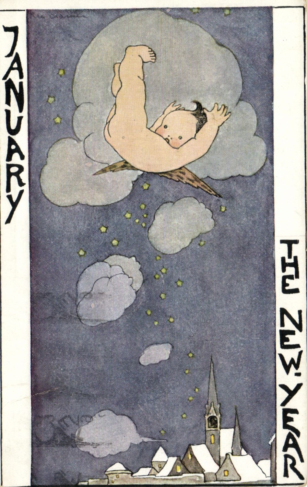 PC ARTIST SIGNED RIE CRAMER MONTHS JANUARY NEW YEAR VINTAGE POSTCARD (b70809)