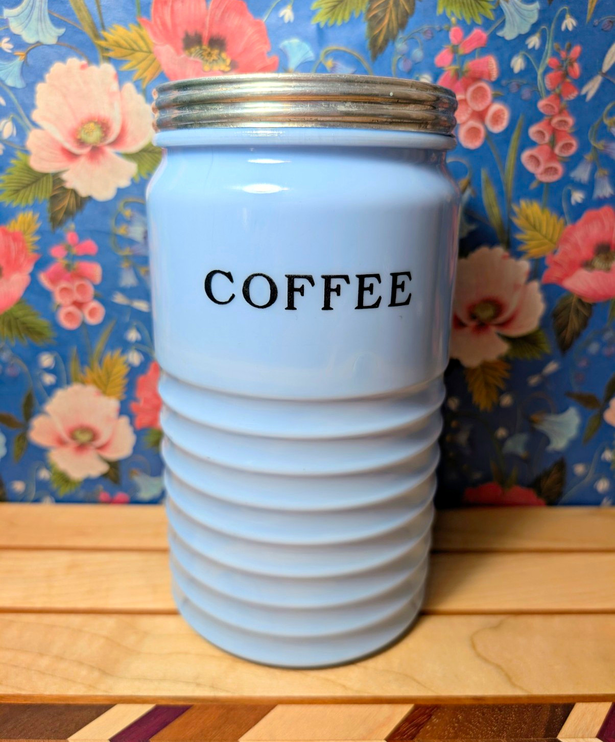 Vintage Jeannette Delphite Blue Milk Glass Coffee Beehive Canister Jar w/Lid