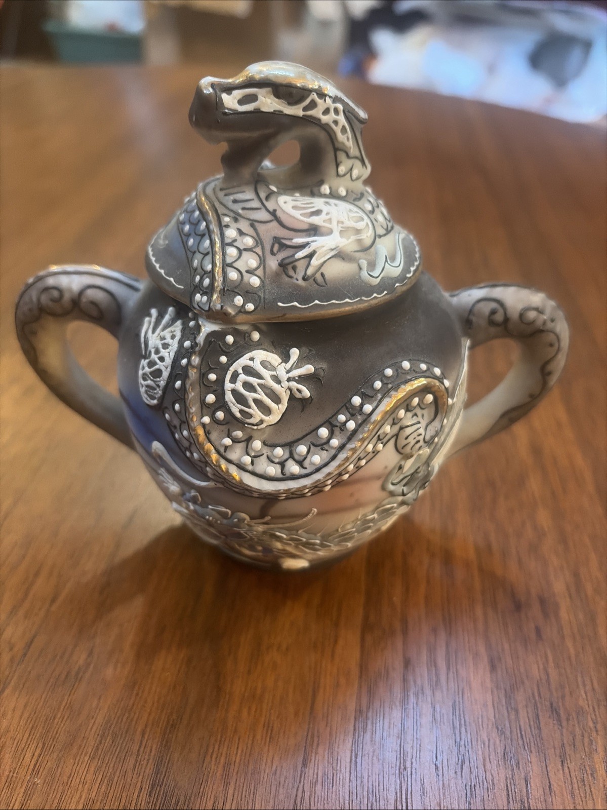 Dragonware 4 3/4” Lid Double Handled Sugar Bowl Moriage Raised Dragon Motif