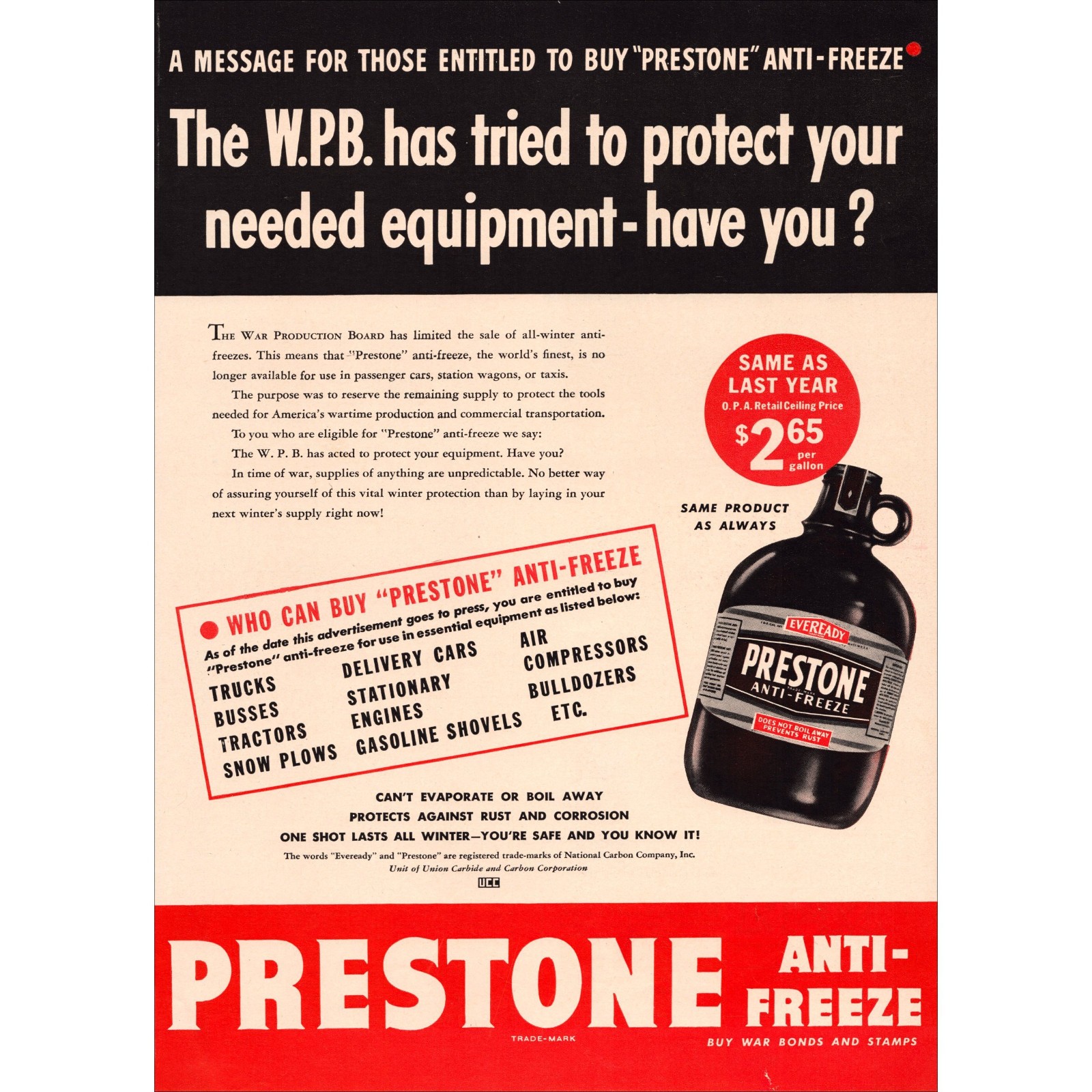 1943 Prestone Anti-Freeze Original World War 2 Vintage Print Ad