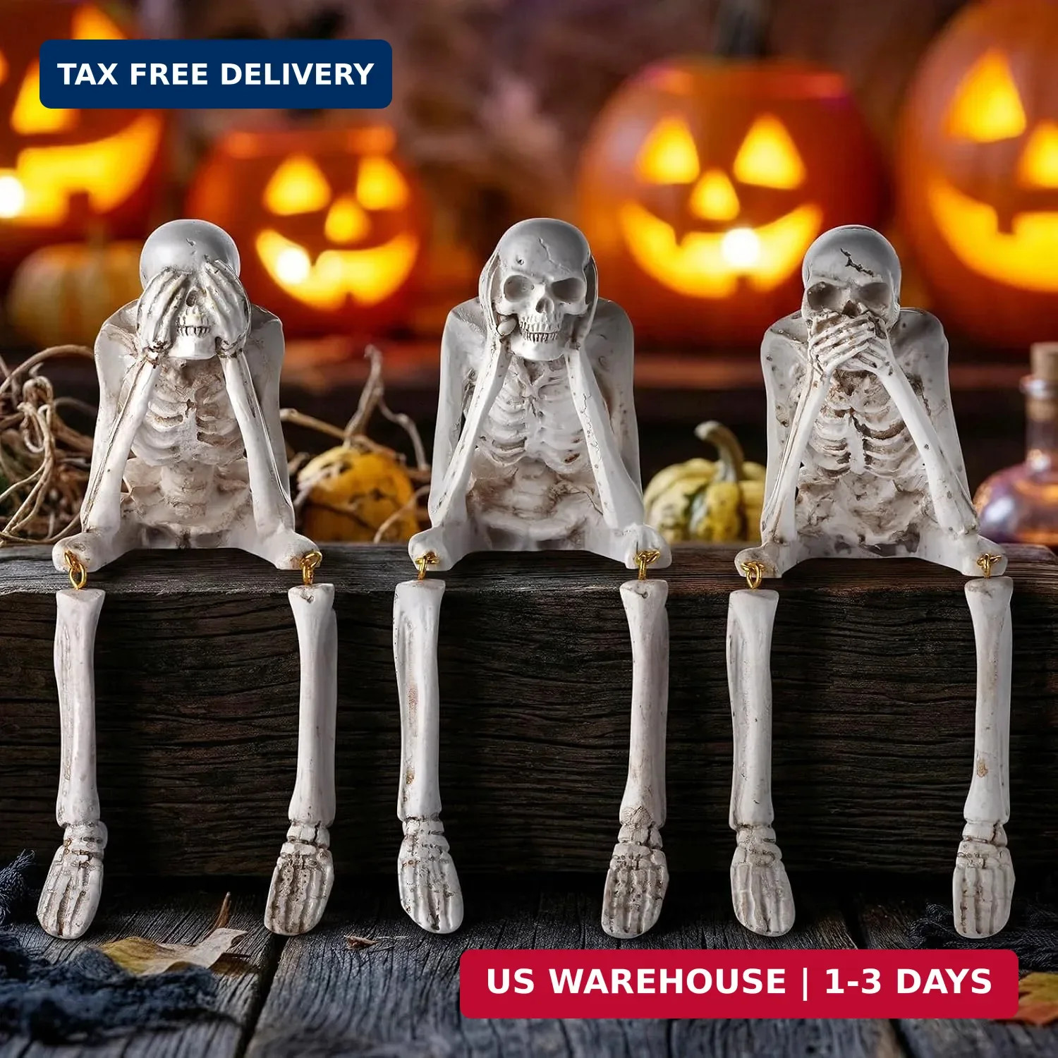 3PCS Halloween Skeleton Decor, See No Evil Hear No Evil Speak No Evil Statues, R