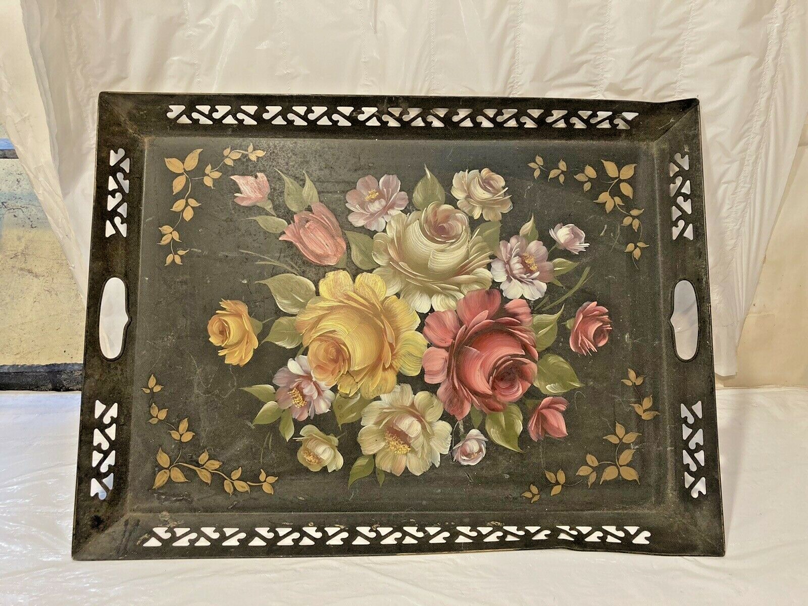 Vtg Large Hand Painted Toleware 15.75