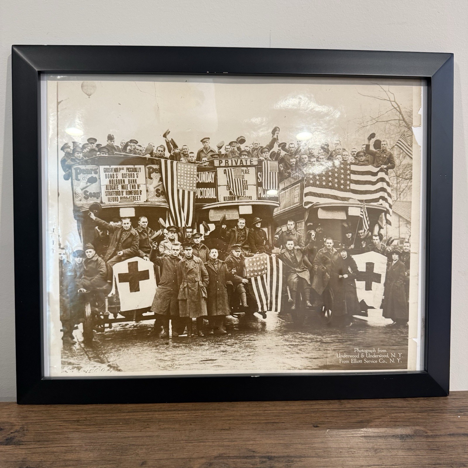 Rare WWI Underwood Press Photo American Soldiers London Red Cross Flags Framed