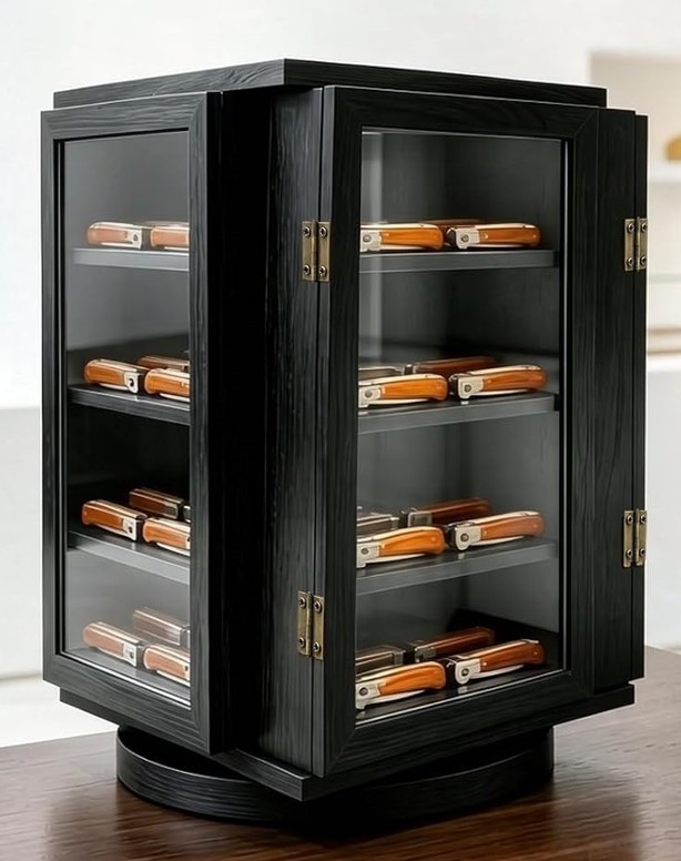 Knife Display Case Cabinet Rotating Wood Black Pocket Knives Holder Shadow Box