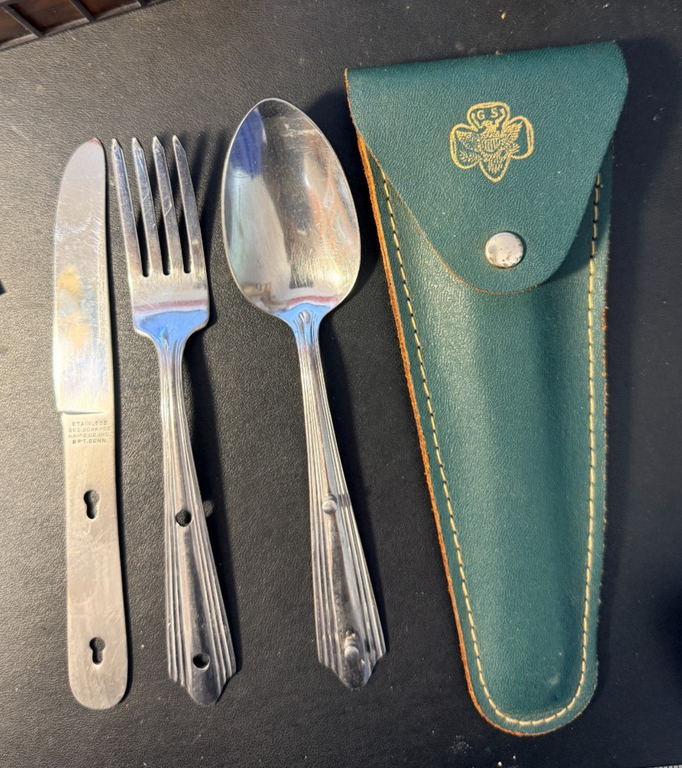 Vintage Girl Scouts Stainless Steel Utensil Set Belt Pouch Geo. Schrade Knife Co