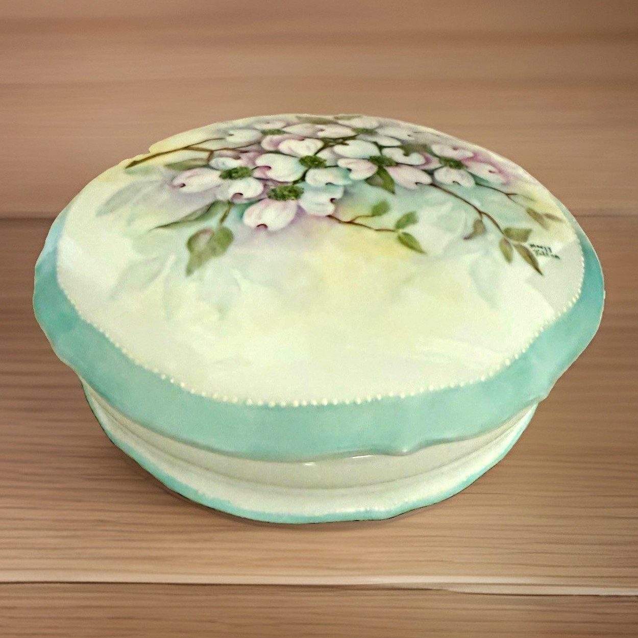 Mary Fulton Hand Painted Porcelain Trinket Box Dogwood Floral Tufted Satin