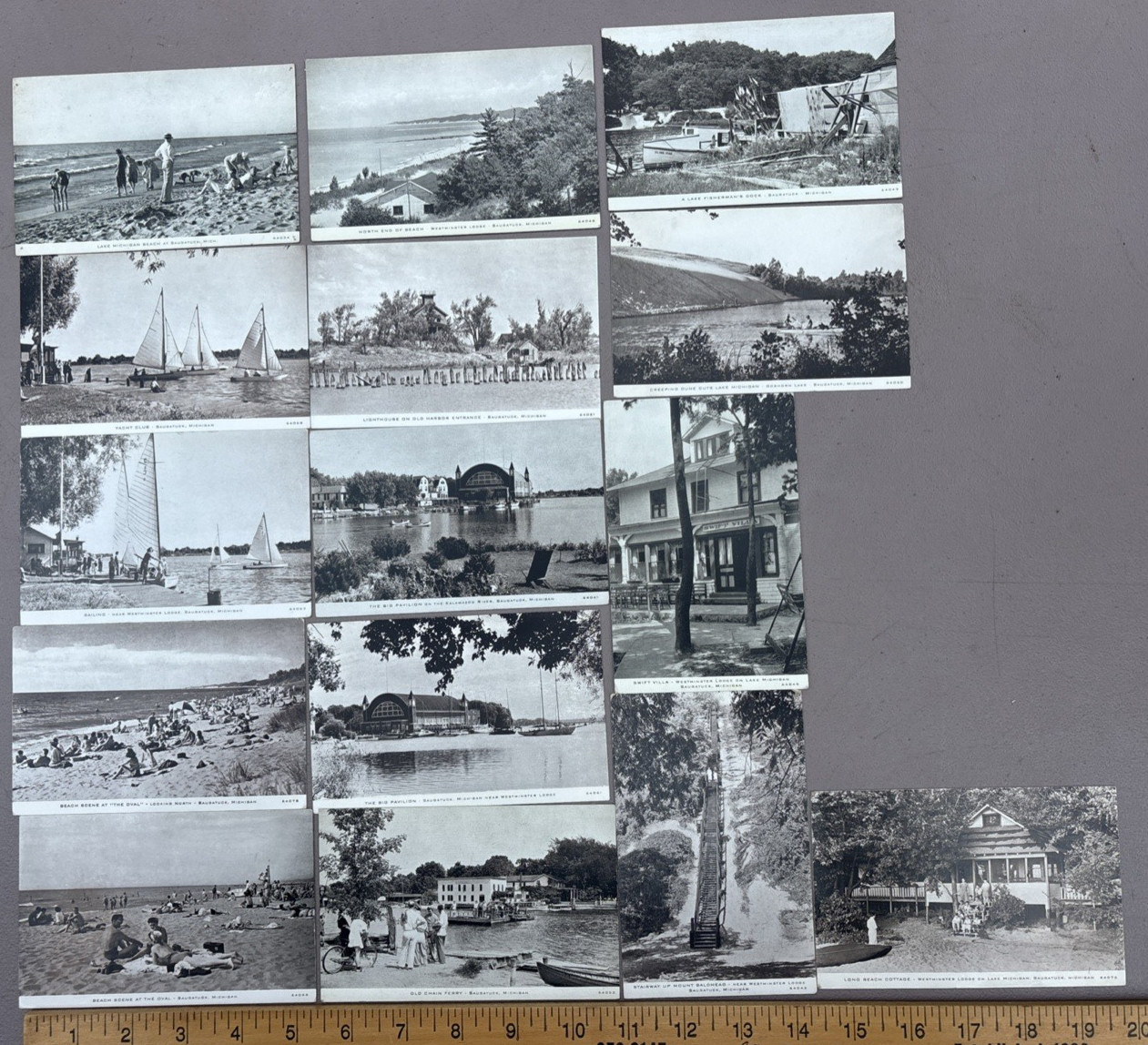 15 C. R. Childs Saugatuck MI Postcard Lot: Beach/Town/Ferry/Pavilion/Lighthouse