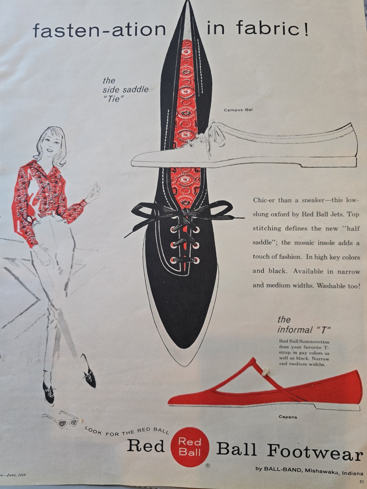 1959 Women's Red Ball Footwear Fasten-ation In Fabric Vintage Art Ad 