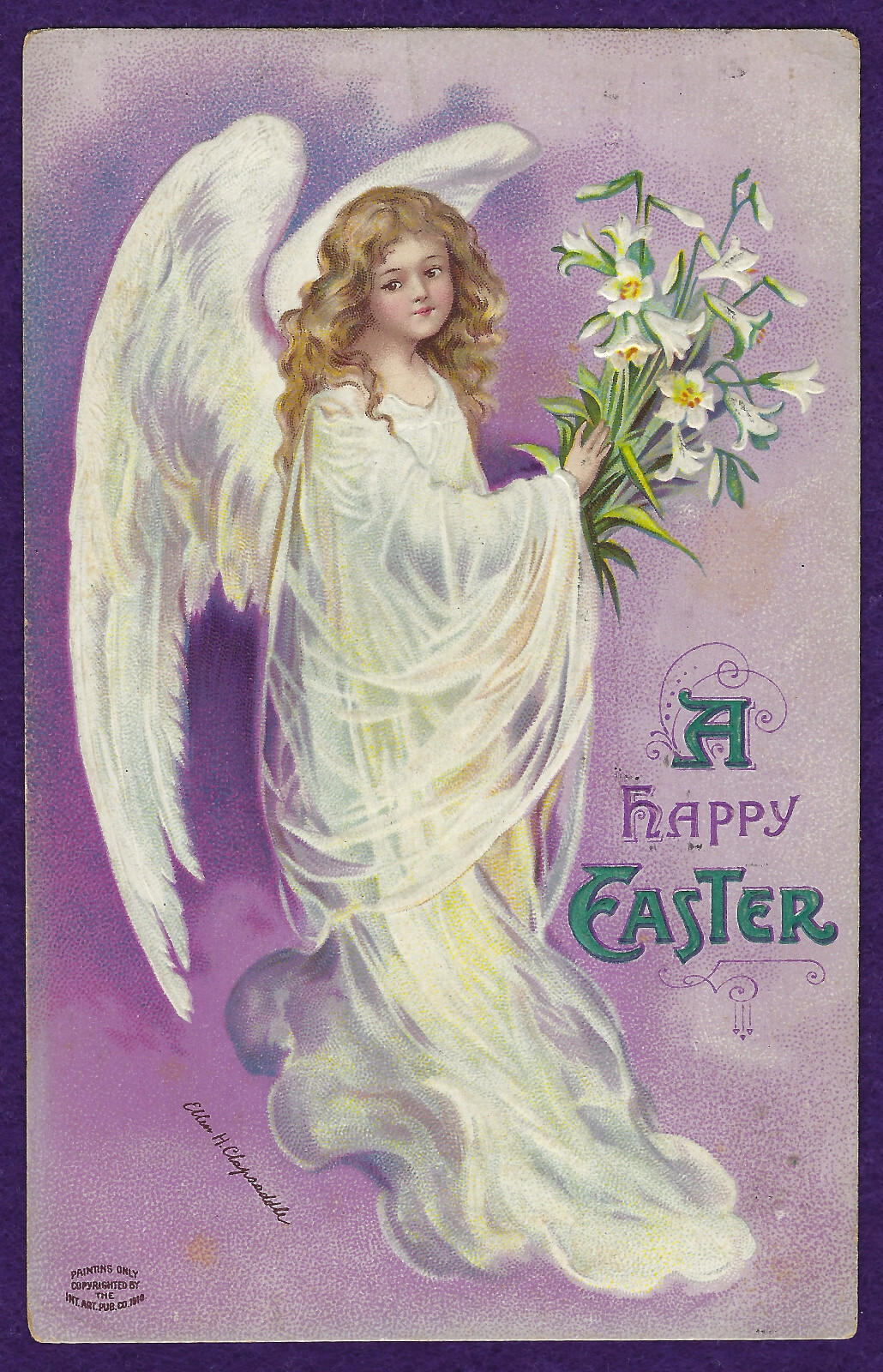 Vtg Clapsaddle Easter Beautiful Angel Wings Lilies on Purple A/S PC Emb c1910